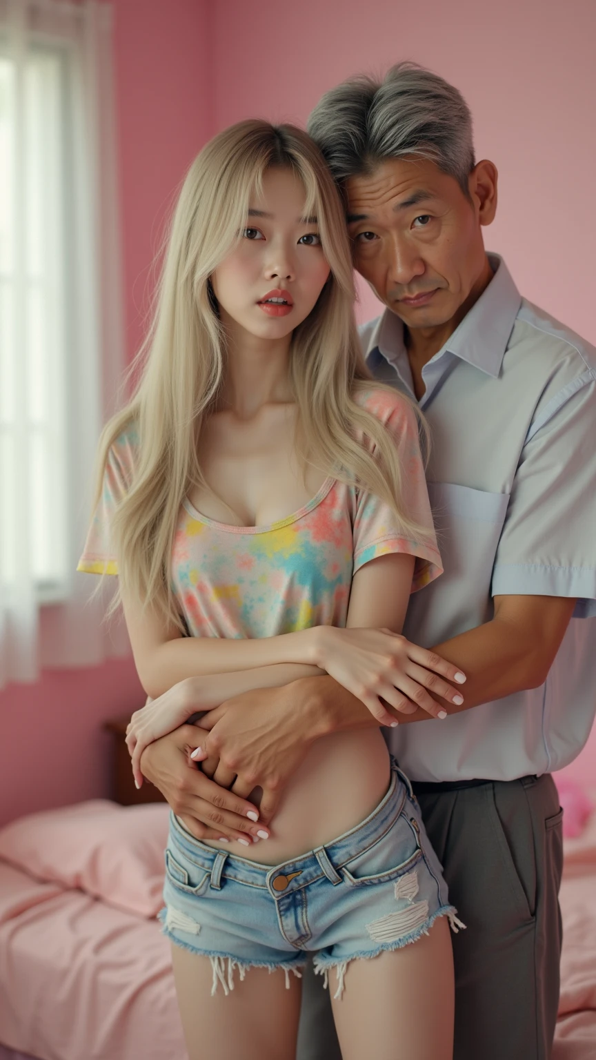 ((Naked male and female couple))、((Naked Korean Woman))、((naked old man))、(old man staring at woman)、(Women are Korean idols)、((old man hugging woman))、(hotel room)、((full body shot))、((A woman with a troubled face))、women have perfect bodies、cleavage、women have beautiful thighs、Beautiful brown-haired woman、Women are short and slender、Obscene acts