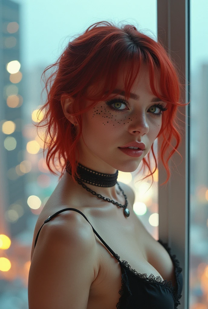 celebrity photo, CRU, beautfull woman, ((portraite)), ((detailded face, rainbow colored hair:1.2)), ((detailded facial feature, detailded skin, clean skin, parted lips), (perfectly proportioned body, medium breasts, neckleace), (wearing business attire, open opaque shirt, showing breasts, sexy skirt: 1.5)), (high detailded office building: 1.3), (photo realist, best qualityer, detailded), (8 k wallpaper), (cinematic lighting, dramatic lighting) (sharp focus, intrikate)