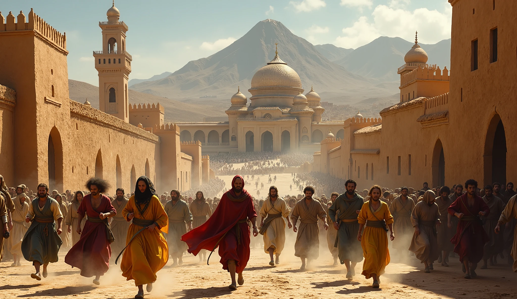 des gens qui on peur et cour dans une ville arabe marocaine de l an 1700 et au fon de la scene il y as un grand palai et des montagnes

