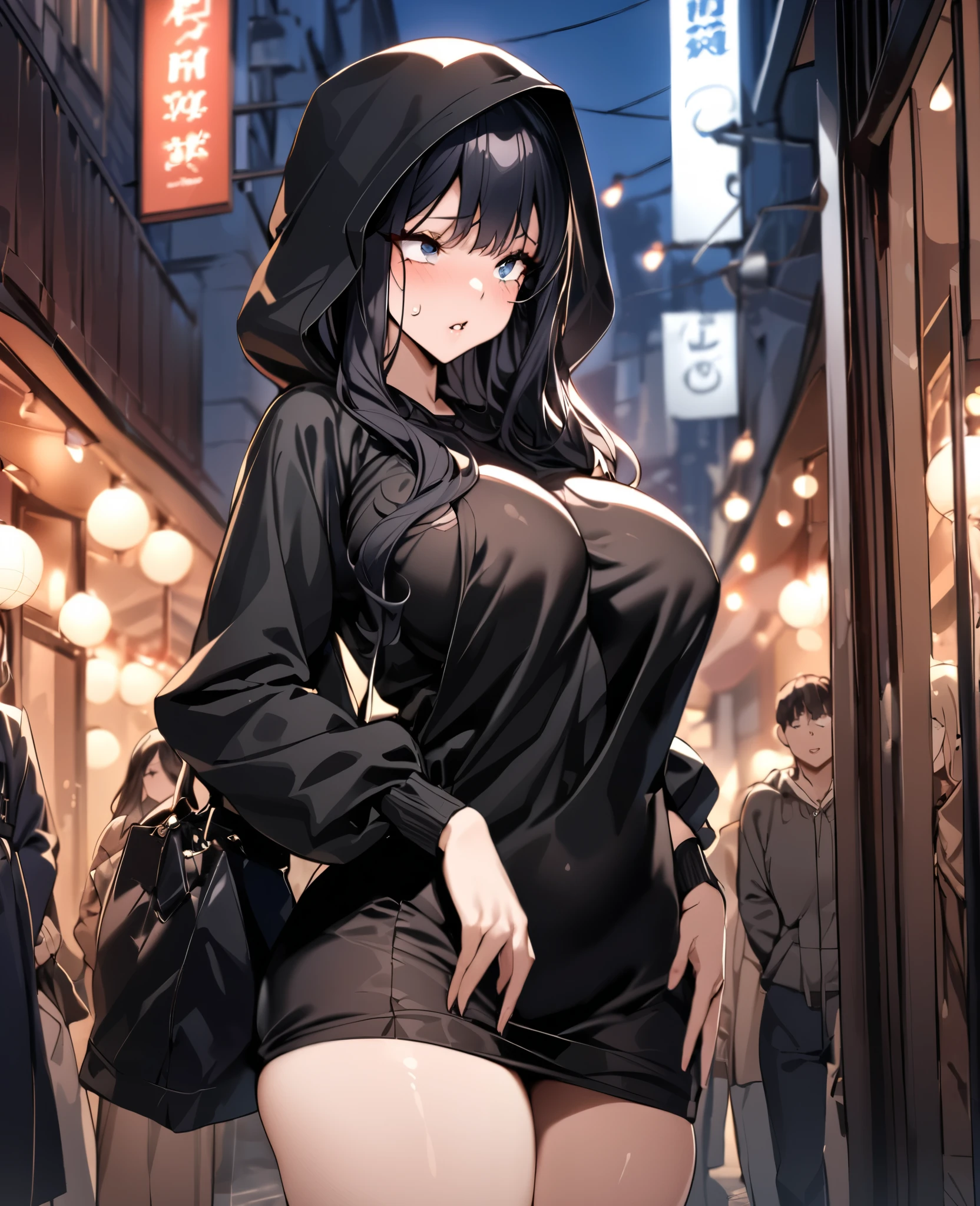 Standing height: 167cm, E-cup breasts with a thin waist and curved hips. Face has big eyes, full lips, and elegant features. Long black silky hair flows down. Fair smooth skin, masterpiece, best quality, outdoor date scene, shy expression, timid posture, casual street fashion, public environment, soft lighting, dark hood