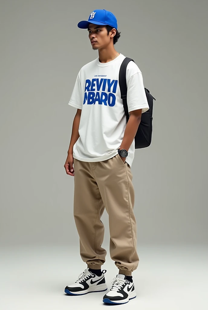Create an outfit with a blue cap new era white t-shirt with blue letters beige pants and white sneakers with black and a black shoulder strap
man