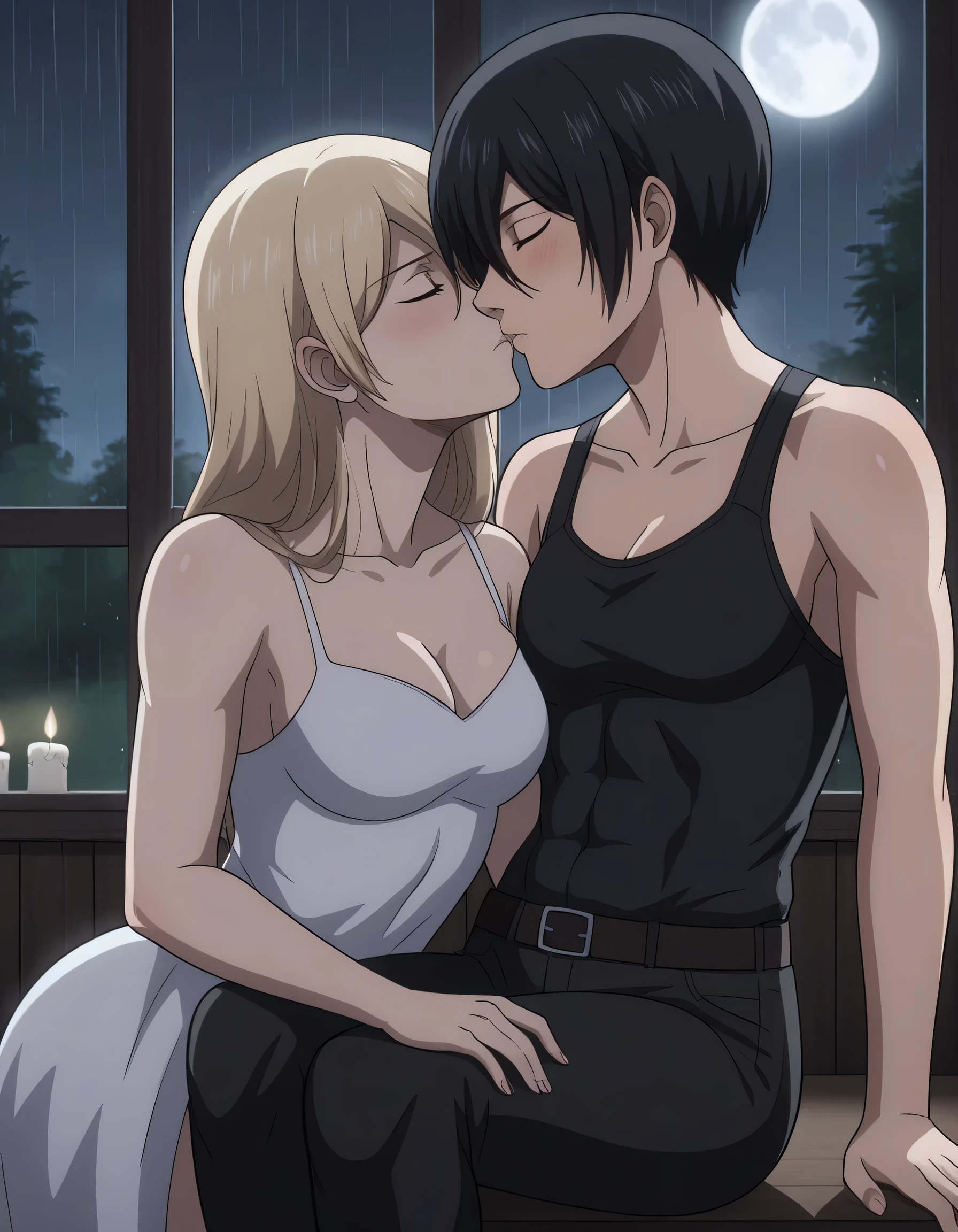 score_9, score_8_up, score_7_up, BREAK source_anime, historia reiss, blue eyes, blonde hair, long hair, medium breasts, long white dress sleeveless,female black hair soldier hugs historia,Mikasa with historia hugs,mikasa wreanig black tank top with black pants,Mikasa female with short hair,mikasa female medium breasts,eyes closed,in night,moon in sky,mikasa final season,mikasa,Mikasa hugs historia،mikasa femboy,mikasa final season,historia blonde hair,hugs and kissing,mikasa carrying historia and kissing her,Mikasa lifts Historia up and kisses her.in middle night,raining outside,mikasa final season,girls kissing,girl×girl,lesbians,yuri,romantic wallpapers,historia sitting on mikasa and kissing her,Mikasa in both hands touch historia ass, raining outside the room,mikasa final season design,character's from season 4,historia enjoyed while kissing mikasa, both,one of Historia hands touch mikasa abs,romantic kissing,mikasa pixie cut hairstyle,Serious love,inside room,dark room,candle light in room,HD WALLPAPER,perfect colors,Shining on character's hair,Shining body's,lips color matching skin color,mouths touch together at kissing, Barefoots