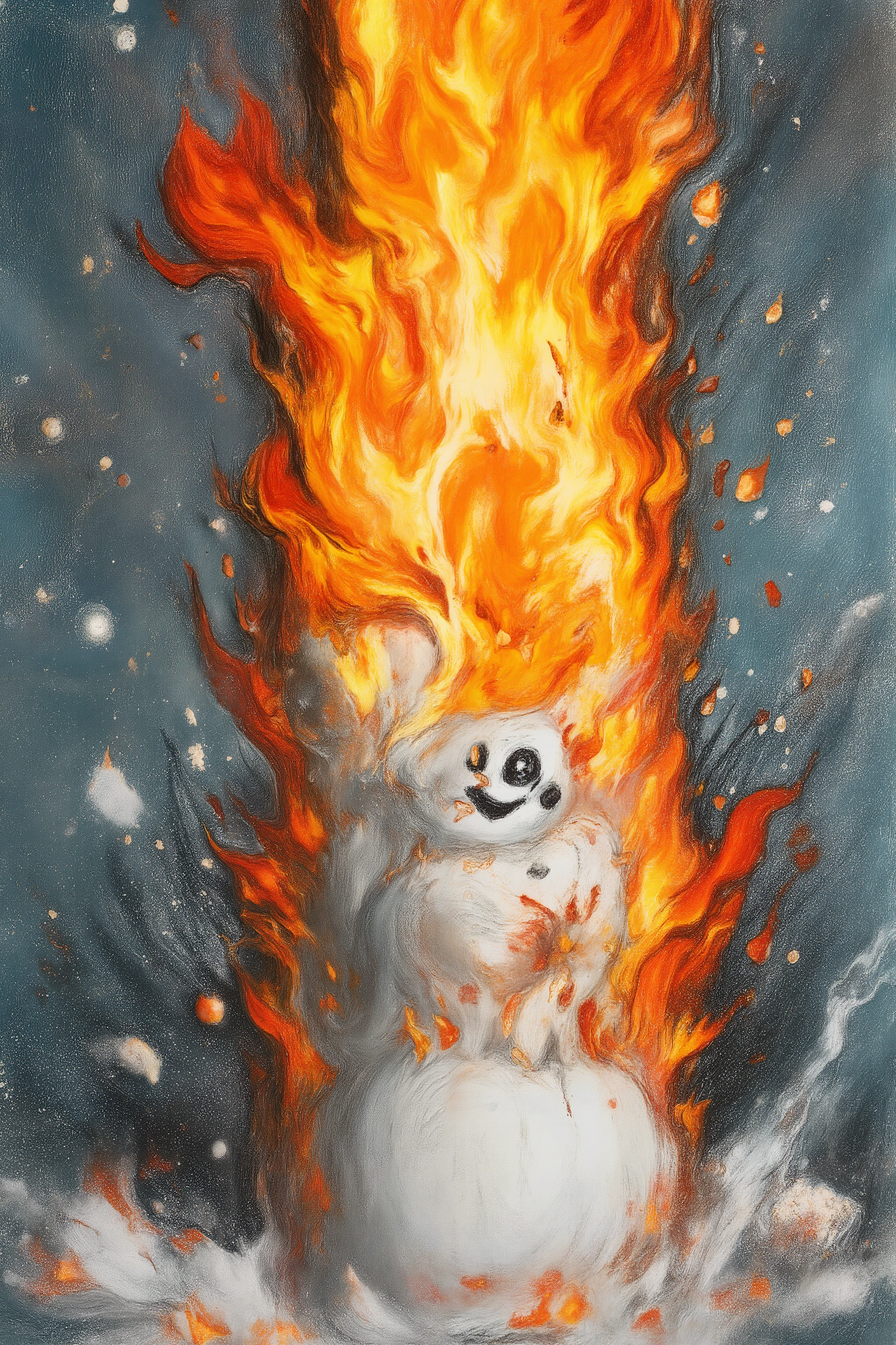 In a surreal scene, a cheerful snowman is tightly hugging a towering pillar of fire, melting yet smiling with joyful, wide cartoonish eyes. His stick arms are wrapped around the flames, steam and water droplets evaporating into the air as glowing embers swirl around him. The exaggerated contrast between his icy, soft texture and the roaring, blazing heat creates a whimsical and absurd atmosphere. The fire reacts playfully to the embrace, as if flickering with amusement. The lighting is cinematic, with hyper-detailed textures emphasizing the surreal humor of the moment, rendered in ultra-detailed 4k quality.