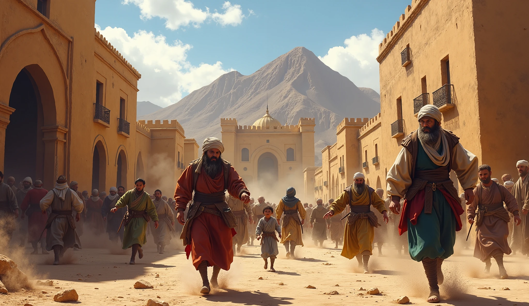 des gens qui on peur et cour dans une ville arabe marocaine de l an 1700 et au fon de la scene il y as un grand palai et des montagnes
les visages bien claires pour voir la peur