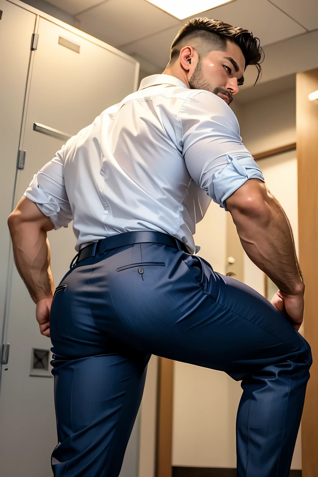 40-year-old boy ,Japanese muscular male in white formal shirt......... navy blue pinstripe trouser..... seductive expression....................  dripping on body and pants...................., arching back............... looking back to the camera. [[ big unrealistic butt,]] hairy legs.................. muscular thigh......................low angle camera........... in locker room........