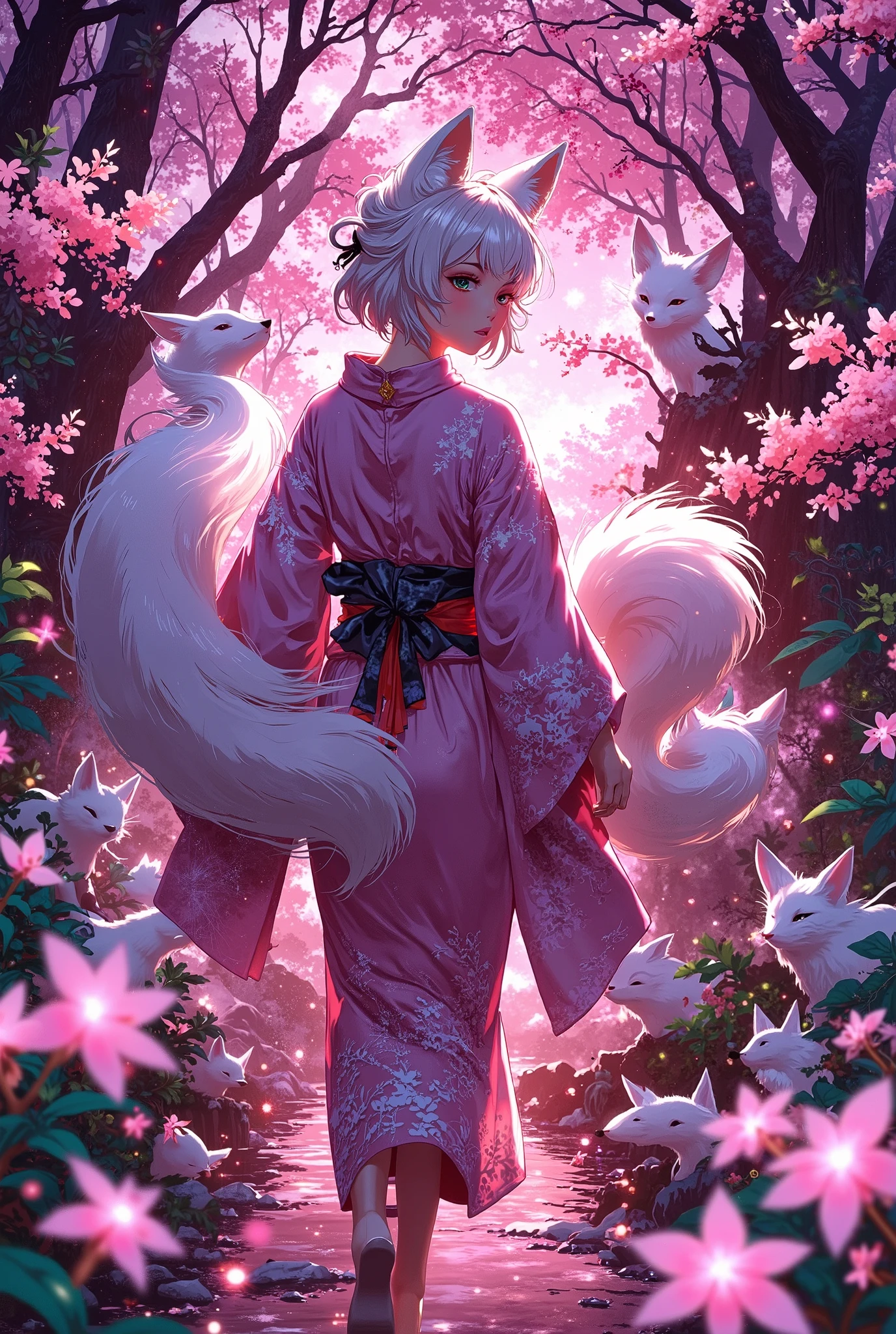 a girl , Fox-eared , white hair with a tail of nine , glowing pink aura , with a stylish pink kimono, assemblage of foxes as background , intricate background , perfect body,japanese painting style,High Resolution, Masterpiece, Award Winning, Anatomically Correct, Best Quality, High Details, High Quality, Super Detailed, Textured Skin, UHD, 3D Rendering, digital art, seductive poses, cherry blossoms,