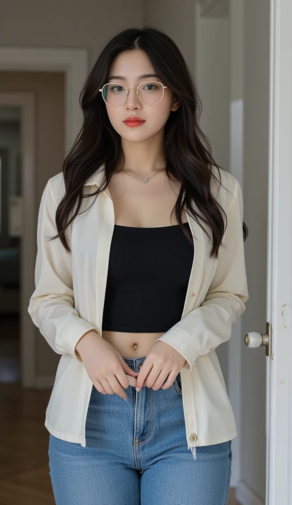 pretty girl, alone, Supermodel, Long Hair, compensate, Lips parted, big , Nipples, outside, pussy outside, Cleavage, Tank top, More jackets, Open clothes, (View your viewers), Stand against a wall, indoor, Thighs, Soft lighting, Film Grain, Upper Body, Epi C Photo, (highest quality:1.2), (masterpiece),((Very detailed)),