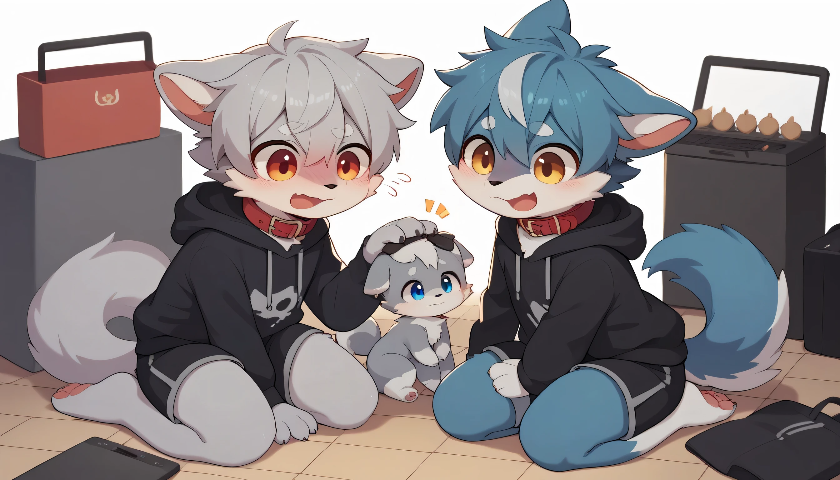 in great detail having fun in great detail,gray hair and gray fur , blue fur ,blue wolf, shemono,,Participation, red collar on the floor, cute face, fluffy fur ,The three cute furries dance !Horny boy , white background, embarrassed face,cute grey fur fur , estrus, droopy ears,,Two friends , black shorts , sweatshirt , Long Sleeve ,trend,