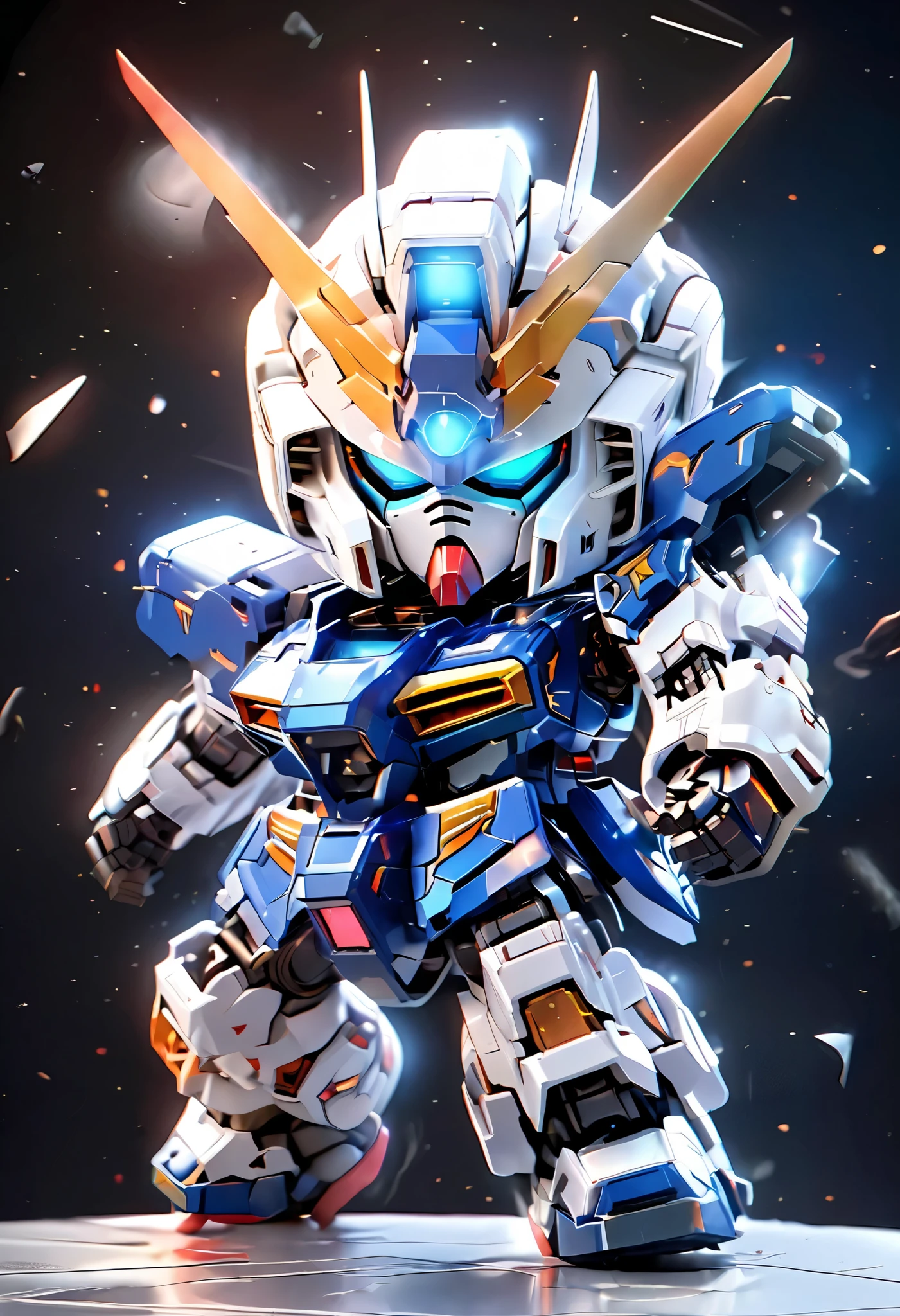 ((masterpiece)), accurate, textured skin, ((super detail)), high quality, high details, highres, best quality, chibi, battle robot, deformed character, space, star wars, Metallic blue armor