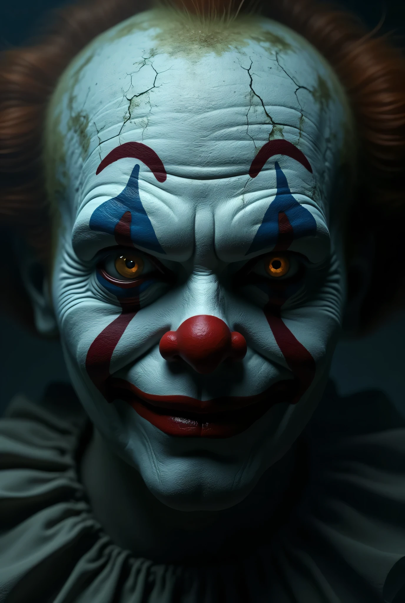 Sinister Grin An image showcasing an evil clown with a wide, malevolent grin, revealing sharp and menacing teeth, capturing the dark and twisted nature of the character, Ultra realism, color field printing, high detail, UHD, 8k, anatomically correct, cinematic lighting 4d quality --auto