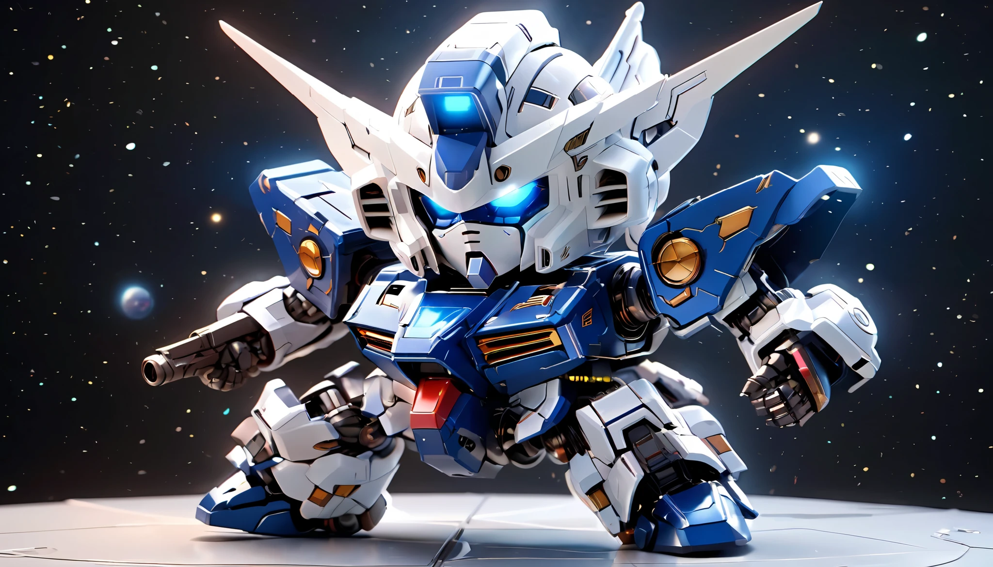 ((masterpiece)), accurate, textured skin, ((super detail)), high quality, high details, highres, best quality, chibi, battle robot, deformed character, space, star wars, Metallic blue armor