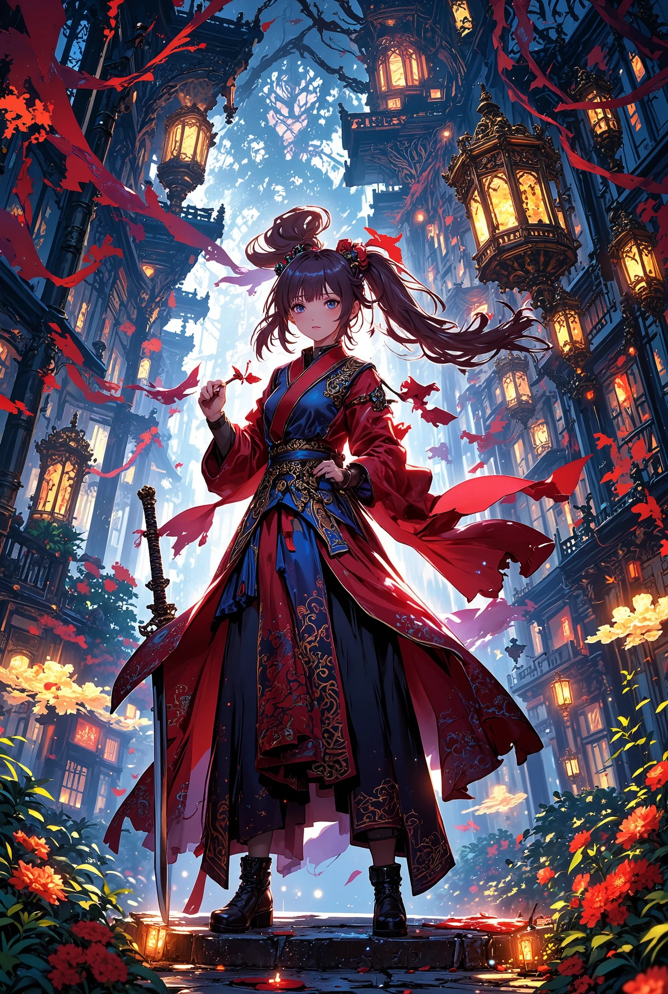 1girl, detailed anime style, high resolution, intricate fantasy environment, ornate sword, dramatic lighting, vibrant colors, detailed facial features, elegant pose, cinematic composition, photorealistic, 8k, masterpiece, hyper detailed, ultra-detailed, extremely detailed