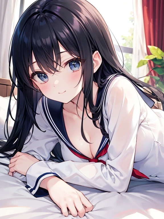 (8K、Highest image quality、highest quality、masterpiece)、detailed face、((One loli))、black hair、twintails、gray eyes、evil smile、((smile))、small breasts、((serafuku:1.3))、cowboy shot、((used condom))、on the bed、bedroom background、((nsfw))