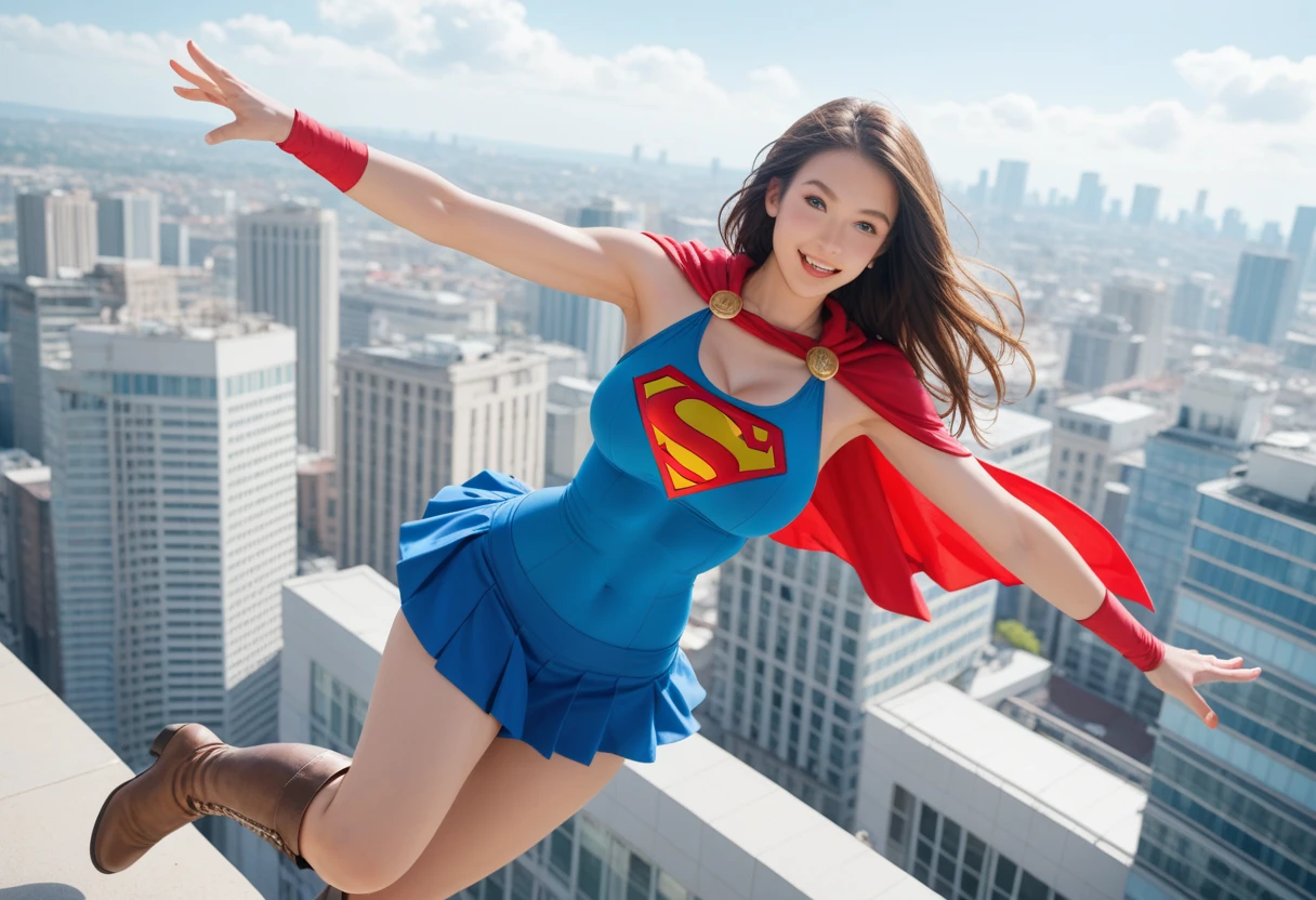 zoey_600x800_nobkgrnd-person,(medium breasts),1girl,dynamic angles,masterpiece,(detailed),(perfect skin),cosplaying as powergirl,cape,(((flying through the sky:1.2))),outdoors,solo,brown hair,black hair,teeth,brown eyes,short hair,a red bow in her hair,cleavage,earrings,smile,watch,collarbone,lips,epic-Ultra-HD-details,epic-Ultra-HD-highlights,perfect eyes,both eyes are the same,ray tracing,4k,8k,(((full-body:1.2))),(cute photoshoot poses),(looking-at-viewer),<lora:Zoey_600x800_nobkgrndV1-000006:0.7>,<lora:wowifierV3:0.3>,by mooncryptowow,