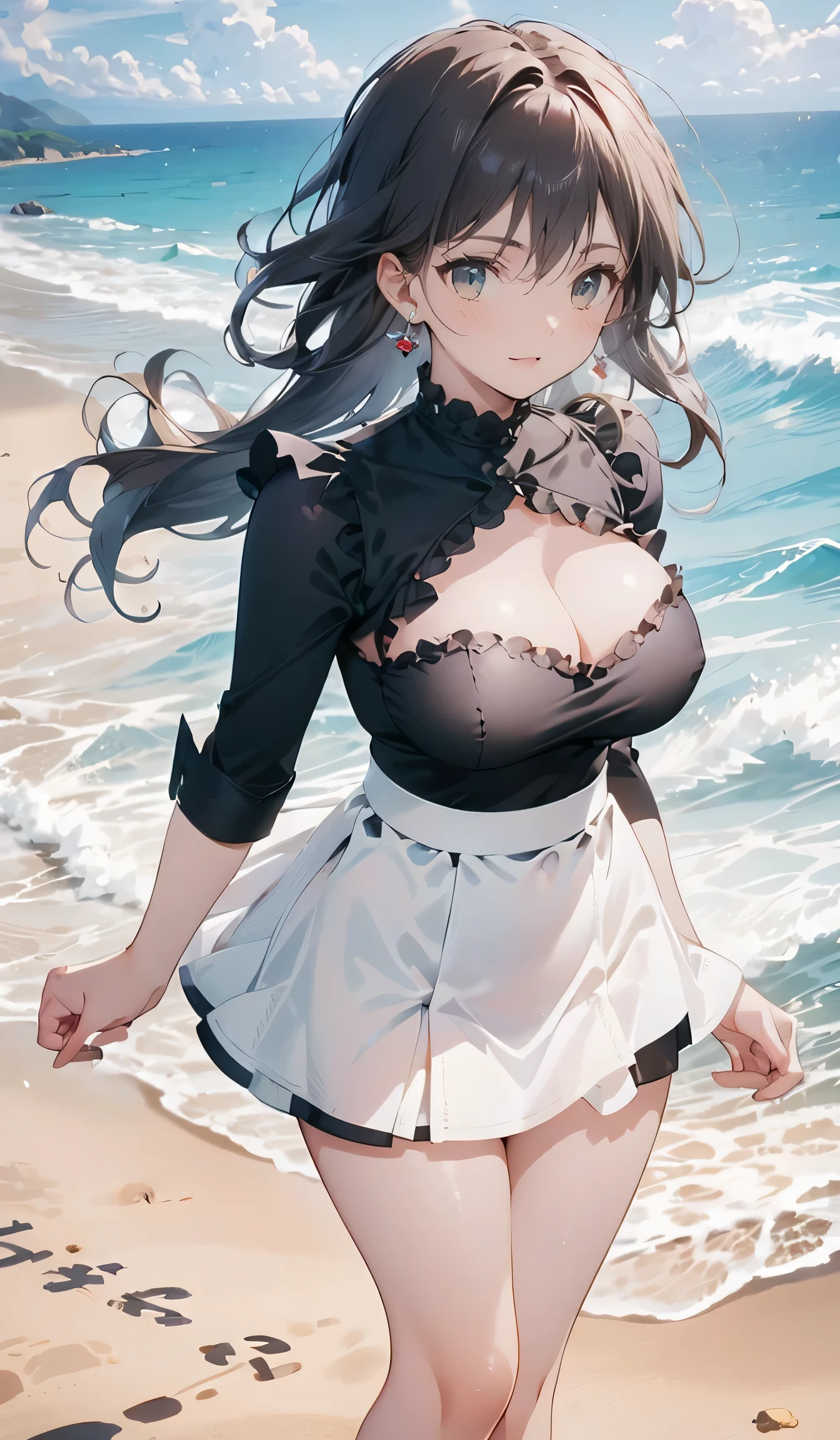 ((NSFW)),((Attractive woman in sexy black shirt 、 miniskirt:1.5,smile face:1.5,Big Breasts:1.5)),(( black hair:1.5, long hair:1.5、smile)),( top quality,4K, high image quality :1.2), ( top quality、8Kin、32K、 Masterpiece、 超 high image quality 、 very detailed、 Impressionism 、 photorealistic、 writing that looks like a professional photo :1.2), An attractive woman in a black shirt is standing on the beach shining in the sun。 、 Her confident poses and playful smile will enchant viewers 。 Her hair is blown in the gentle ocean breeze 、 Looking straight at the camera 、 small, cute round face that exudes charm and confidence 。 Under the blue sky 、 The ocean in the background shines brightly 、 The soft sand under her feet is strewn with seashells 。 The scene is warmly illuminated by the golden sun 、 It creates a vibrant and pleasant atmosphere 、 It highlights her natural beauty and beautiful coastal views