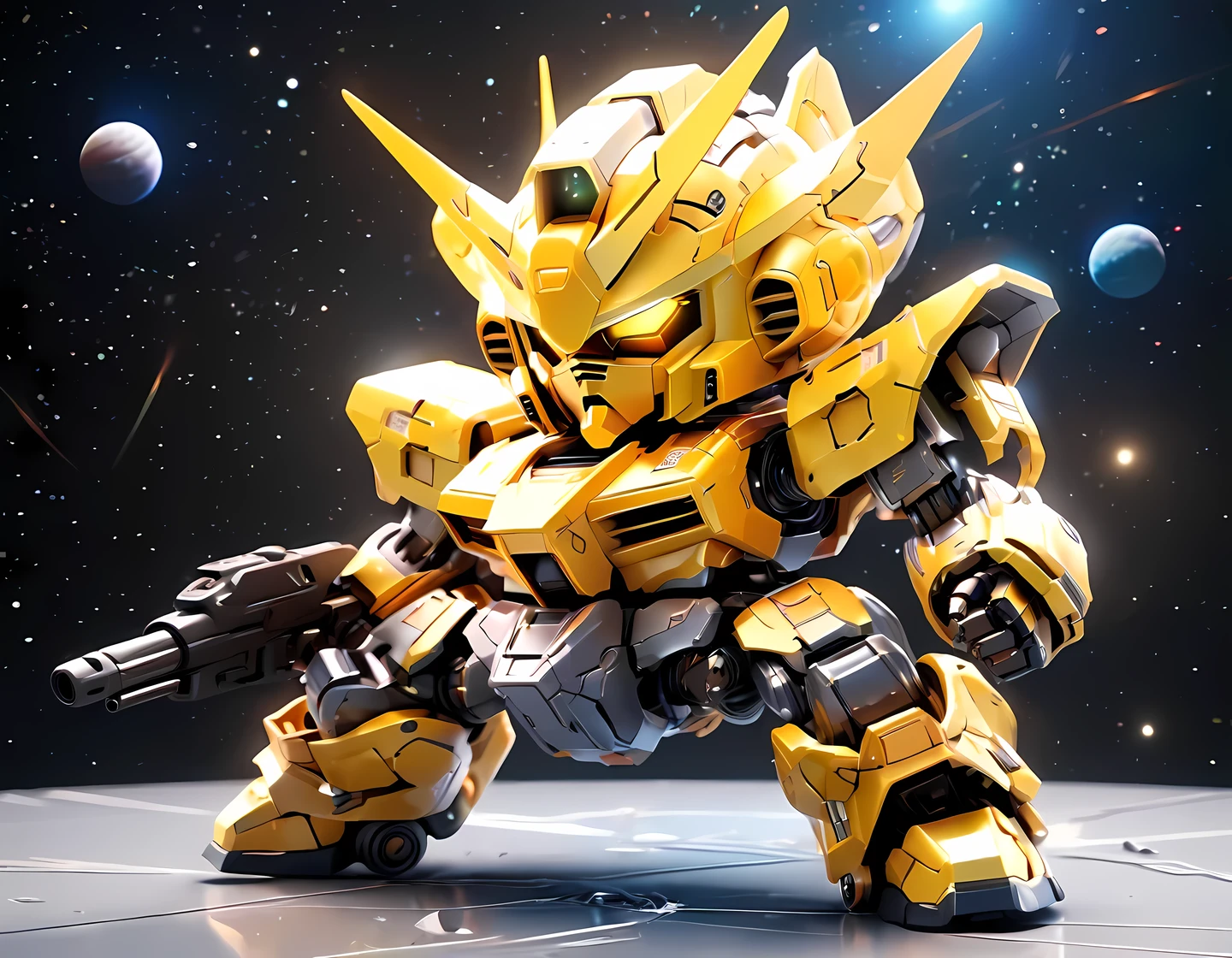((masterpiece)), accurate, textured skin, ((super detail)), high quality, high details, highres, best quality, chibi, battle robot, deformed character, space, star wars, Metallic yellow armor