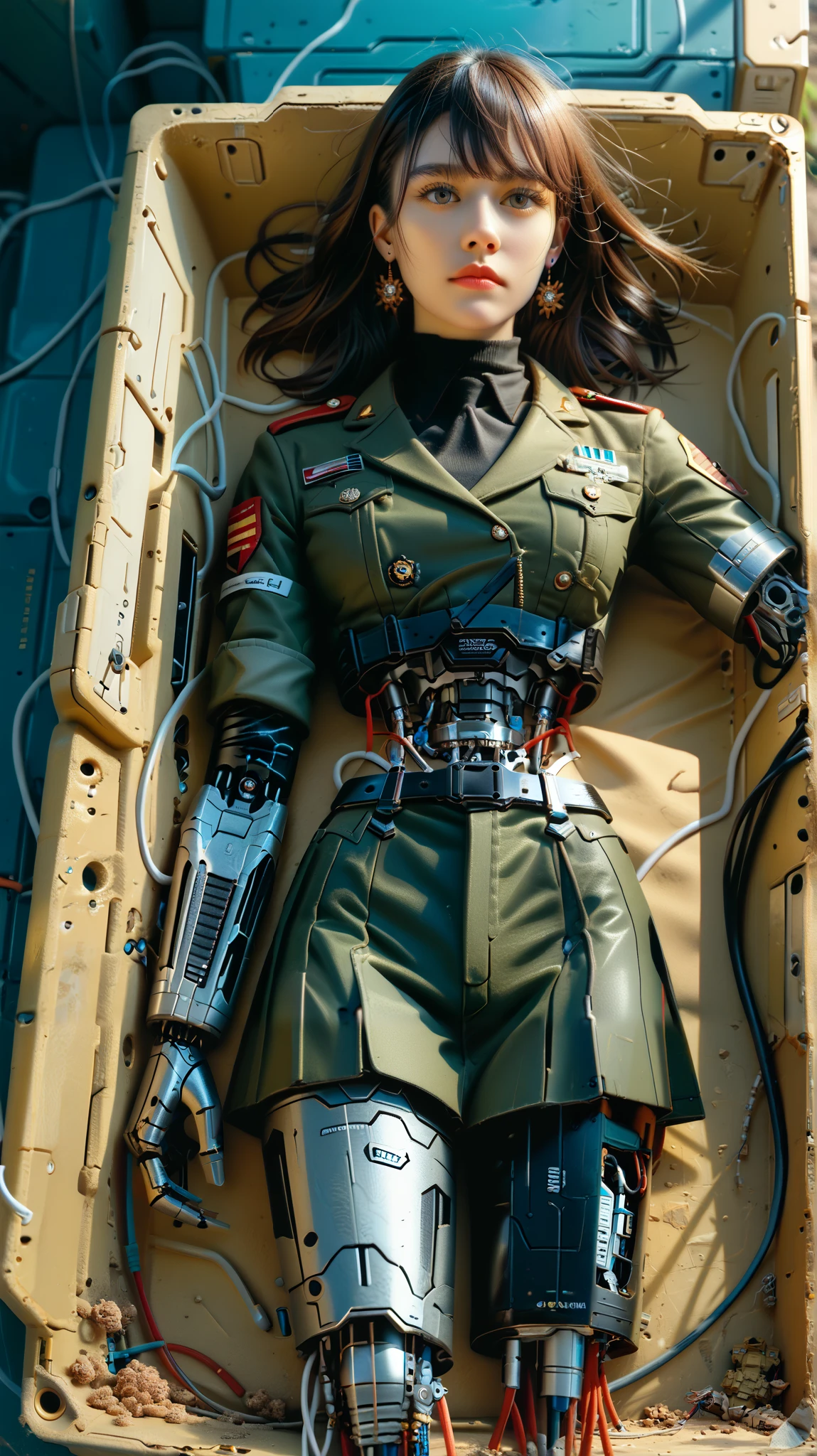 (((masterpiece))), (realism, realism texture, (science fiction, distant future), (top Quality, High Quality, top resolution, high resolution, (ultra detailed, high detailed))), (beautiful army soldier robot girl:1.4), she is incredible machine, (beautiful face), (thin lips, wide mouth), blue lighting eyes, straight hair, machine frame, skirt, (steel knee-high greaves, (mechanical hands)), robot joint, (robot neck joint:1.2), (machine parts, electronic component, complete parts, wiring:1.3), (broken belly:1.3), (severed leg:1.6), Expressionless face, (cowboy shot:1.5), battefield, (closed mouth), (lying, from above)