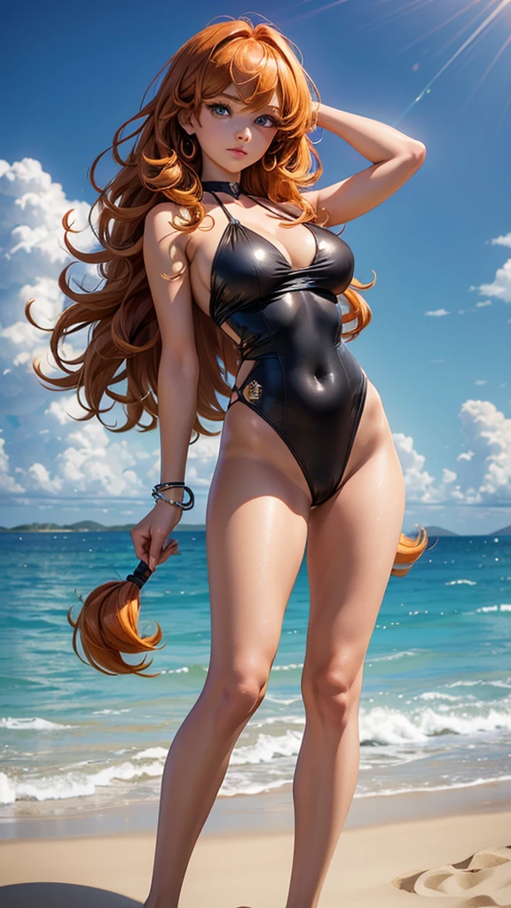 Dos muslos largos, ojos amarillos, pelo ROJO, cabello LARGO, pechos grandes, mangas separadas, fondo muy blanco, Tiara real, capa larga, Bikini tigre amarillo, Tacones altos, manos en la cintura. Tatuaje rojo en el ombligo, MILF de cuerpo completo BIMBO, cara de sonrisa lujuriosa y sonriente (rubor rojo), brazales dorados sin mangas, gargantilla negra
