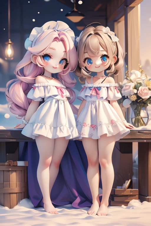 ((petite cute 2girls)), ((cute face)), ((puffy eyes)), ((masterpiece)), ((best quality)), ((ultra detailed)), ((exquisite)), (depth), (crisp), (8k), ((beautiful and aesthetic)), (super detailed skin), ((high standard)), ((highres)), (perfect anatomy), (blush), (lipstick), (strap slip), (barefoot)