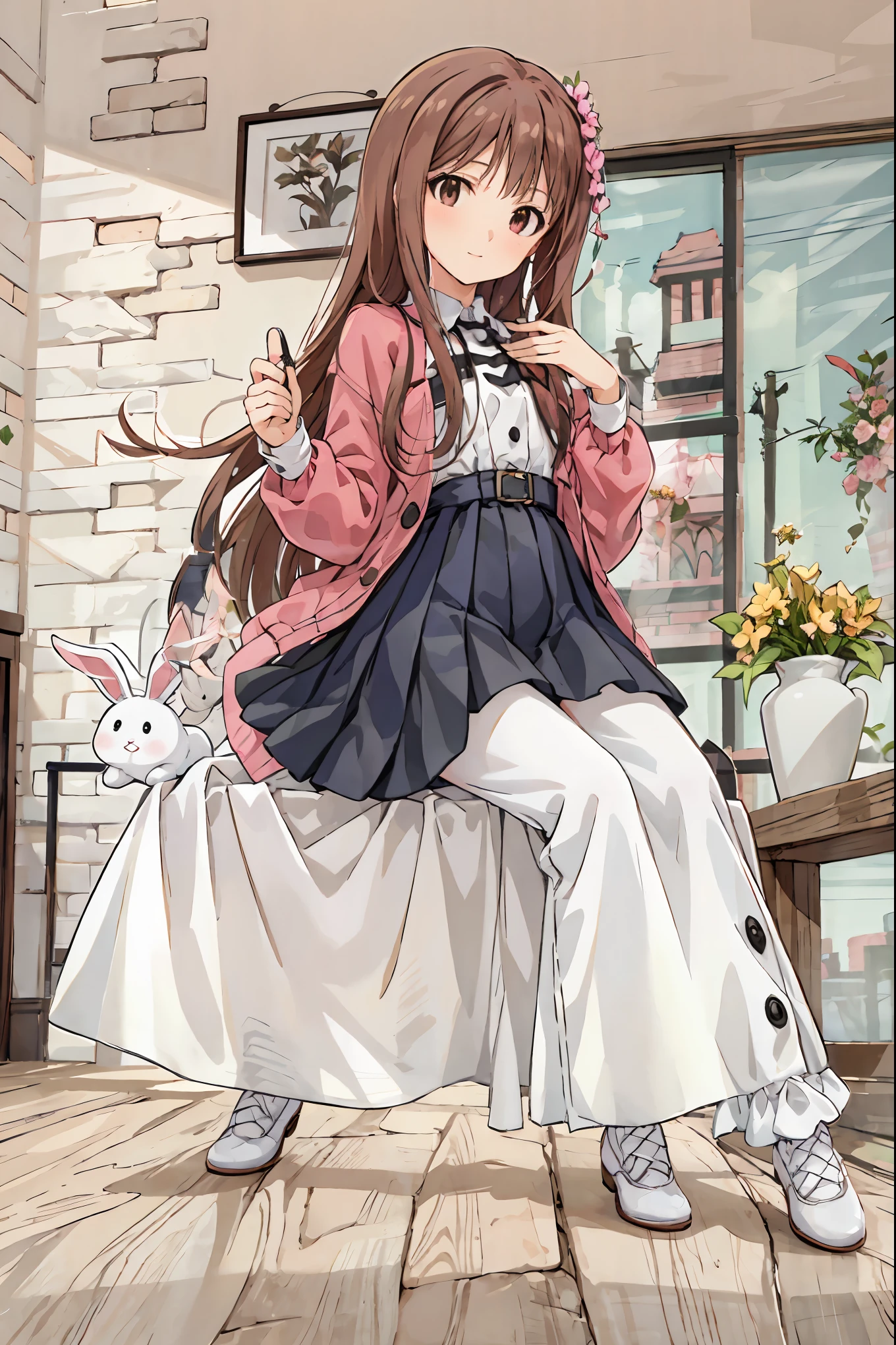 Beautiful Illustrations, top quality, cute girl, bedroom, pastel color , Hair, shortcuts, unkempt hair,Short braided hair,Neat, slender beautiful woman, correct posture,Small chest, beautiful legs, enchanting gray-blue eyes shine like stars, droopy eyes , vibrant colors, beautiful eyes,A delicate smile,Textured Skin, Best Quality at its Best , gentle and beautiful woman , anime style, small, silvery long hair, rabbit plush toy, bright lighting , light pink eyes