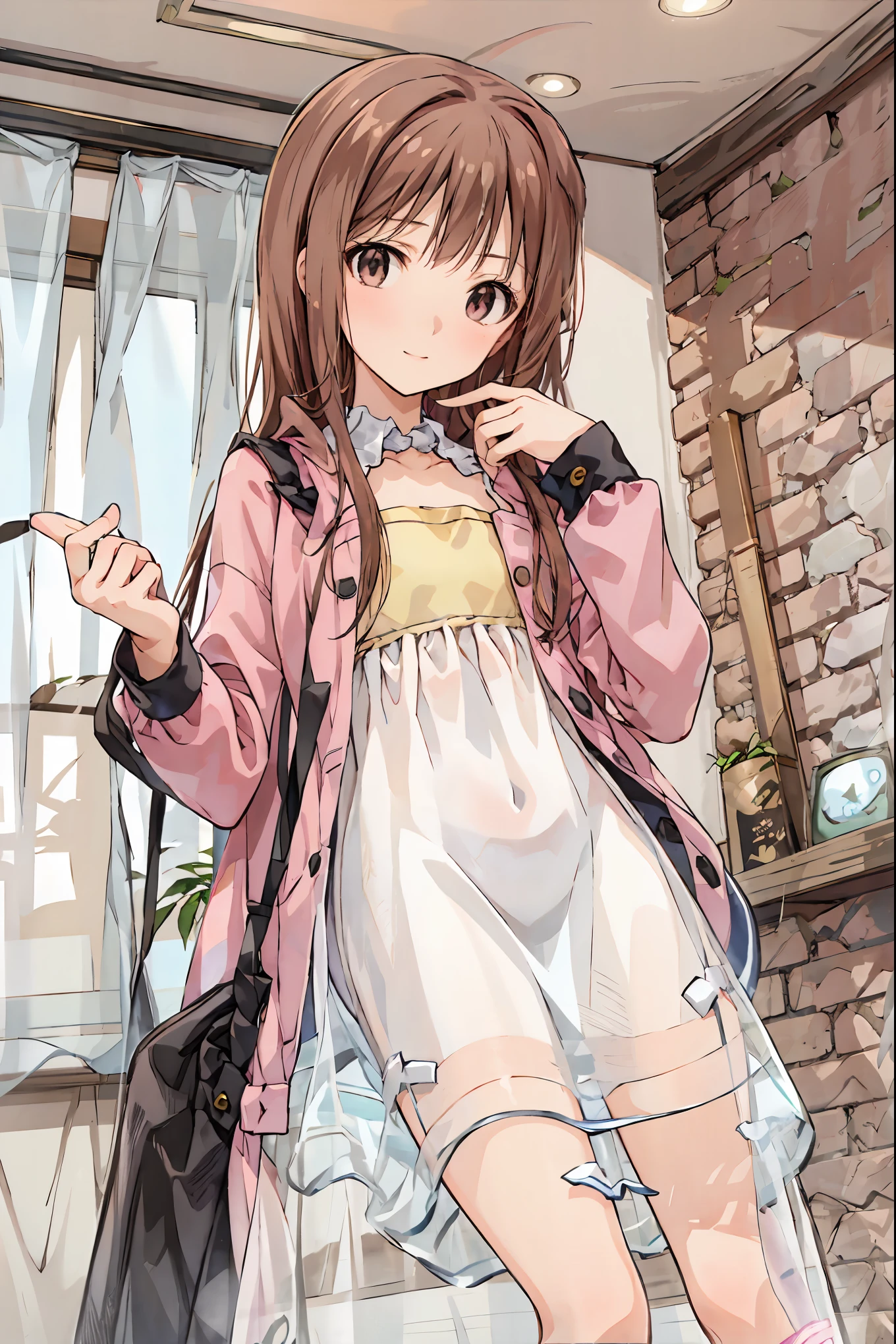 Beautiful Illustrations,  top quality, cute girl, bedroom,  pastel color ,  Hair， shortcuts， unkempt hair，Short braided hair，Neat， slender beautiful woman， correct posture，Small chest， beautiful legs， enchanting gray-blue eyes shine like stars， droopy eyes ， vibrant colors, beautiful eyes,A delicate smile,Textured Skin, Best Quality at its Best , gentle and beautiful woman , anime style,  small,  silvery long hair,  rabbit plush toy,  bright lighting ,  light pink eyes