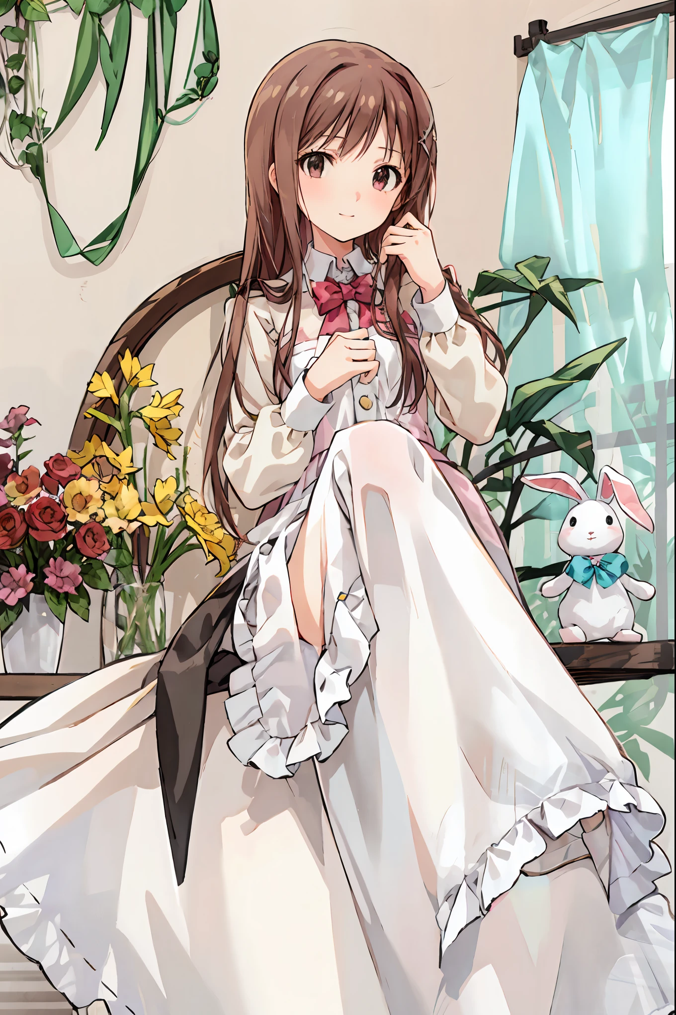 Beautiful Illustrations, top quality, cute girl, bedroom, pastel color , Hair, shortcuts, unkempt hair,Short braided hair,Neat, slender beautiful woman, correct posture,Small chest, beautiful legs, enchanting gray-blue eyes shine like stars, droopy eyes , vibrant colors, beautiful eyes,A delicate smile,Textured Skin, Best Quality at its Best , gentle and beautiful woman , anime style, small, silvery long hair, rabbit plush toy, bright lighting , light pink eyes