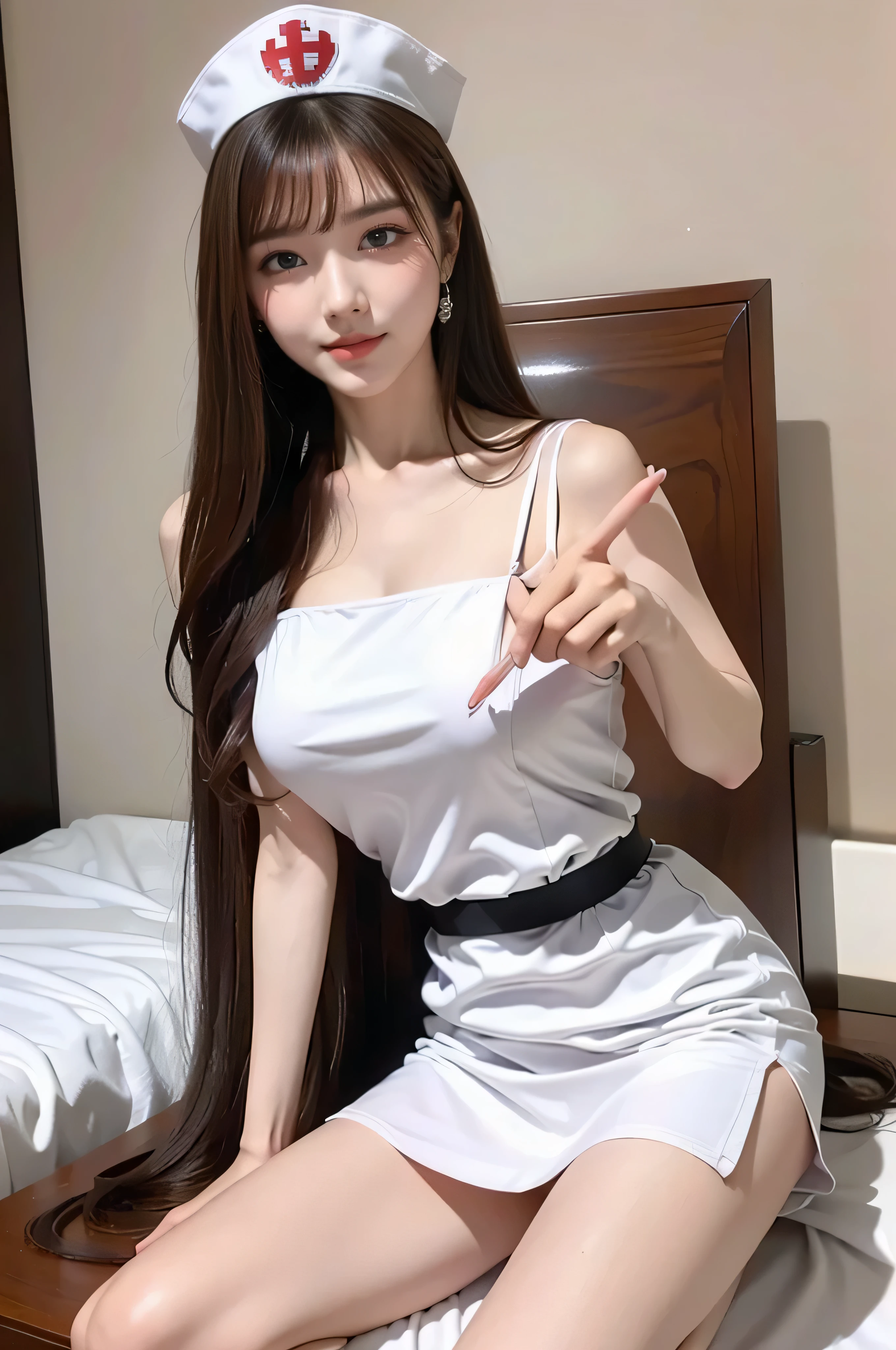 (Best quality, masterpiece, detailed), (RAW, 4k, hd images), shy, 1 girl, 17 years old, white skin, long hair, ponytail, layers hair, bangs, black hair, beautiful girl, cute girl, sweet girl, pretty girl, perfect girl, pretty eyes, blue eyes, thin lips, thin, (eye line, lip stick soft), perfect, glasses(detailed frame), room, smile, thigh, legs, white formal shirt, black short skirt, sitting, looking front, white wall background, half body, cleavage