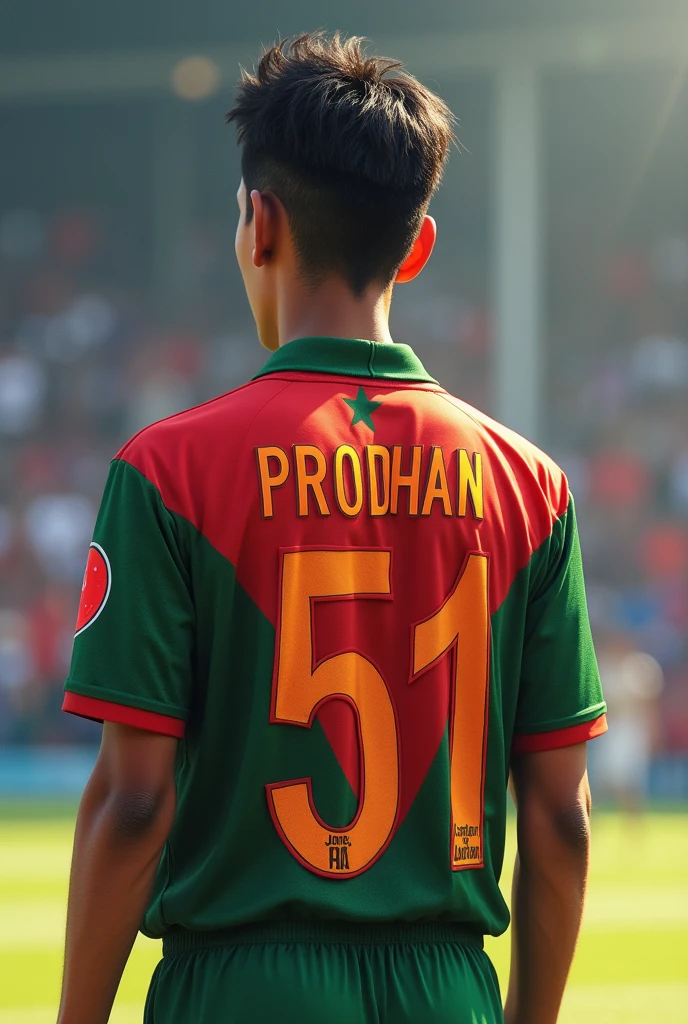 A boy,age 18, wearing a Bangladesh Jersey, back side, Jersey number 17,Name Sabbir, standing in stadiam Gallery, watching cricket games
