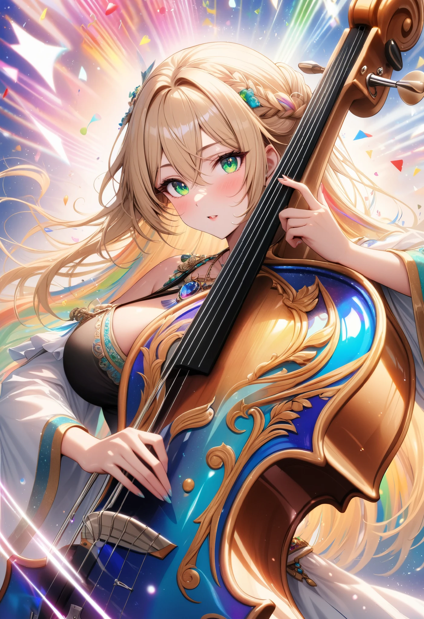 (masterpiece),(absurdres),(ultra detailed),(beautiful detailed),colorful splash art:1.2,chaos:1.1, cute、 beautiful、long shot,depth view,(Colorful shiny music-score:1.4),mysterious,playing contrabass:1.1,(holding contrabass),Fantastic,solo woman:1.1,(25-year-old),long hair:1.1,yellow hair:1.1,hair between eyes,french braid:0.9,(mega breast:0.9),(()),green eyes,(()),round blue sapphire pendant:0.8,(()),blue stripes indian costume:1.1,(()),ソフィー,