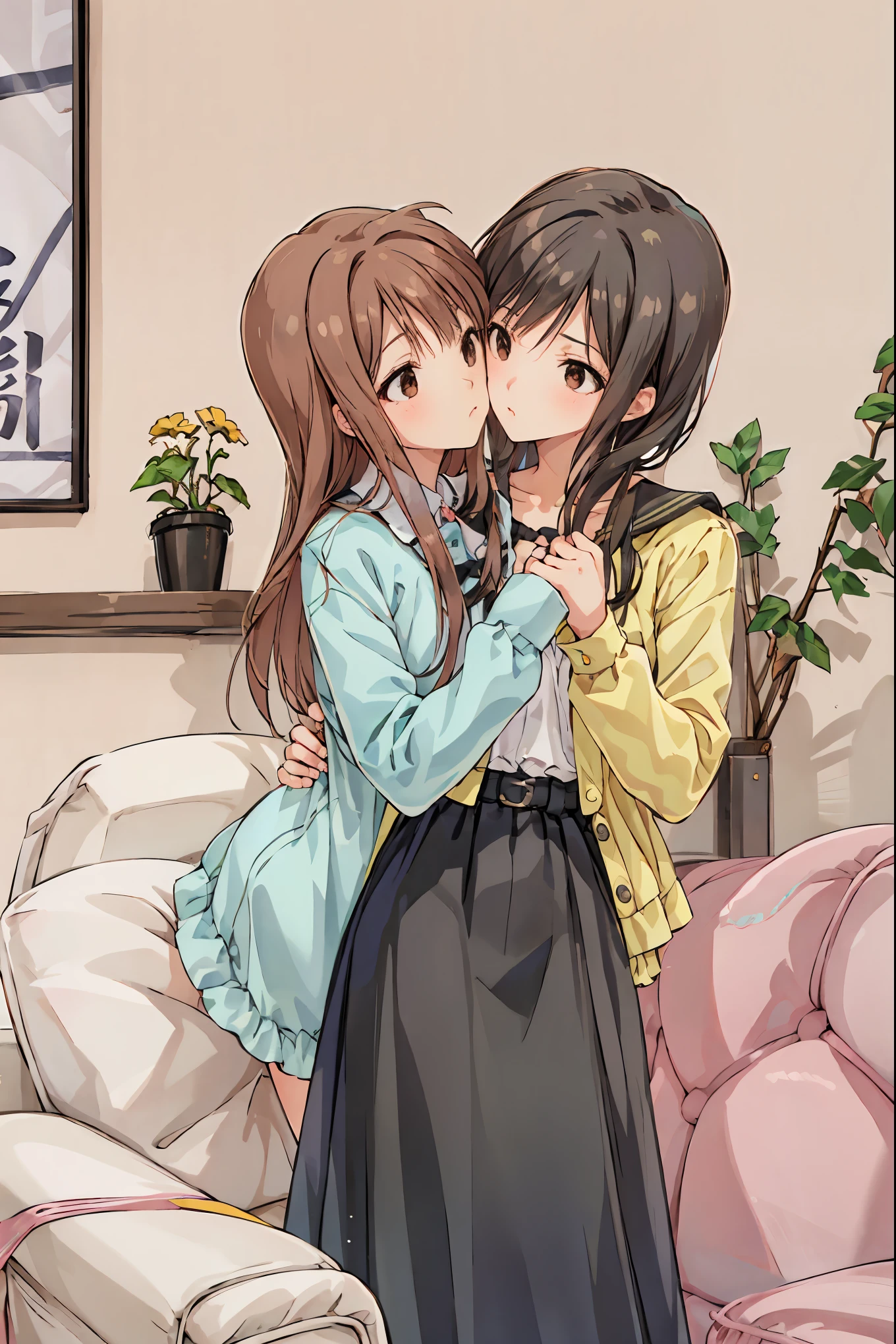 Couple in their 20s、 male1名, woman1名、 maleとwomanの両方のための軽い服装、 Kissing 、Shiny atmosphere、woman(Medium length brown hair )close ~ eye、Sweet Sigh、 male( Short Black Hair 、右手をwomanの頬に当てる)tightly close your eye、 With background(room、Sofa)、Late Night、 dark、Anatomically correct limbs、 Girls Are Slightly Skinny 、 shows underwear