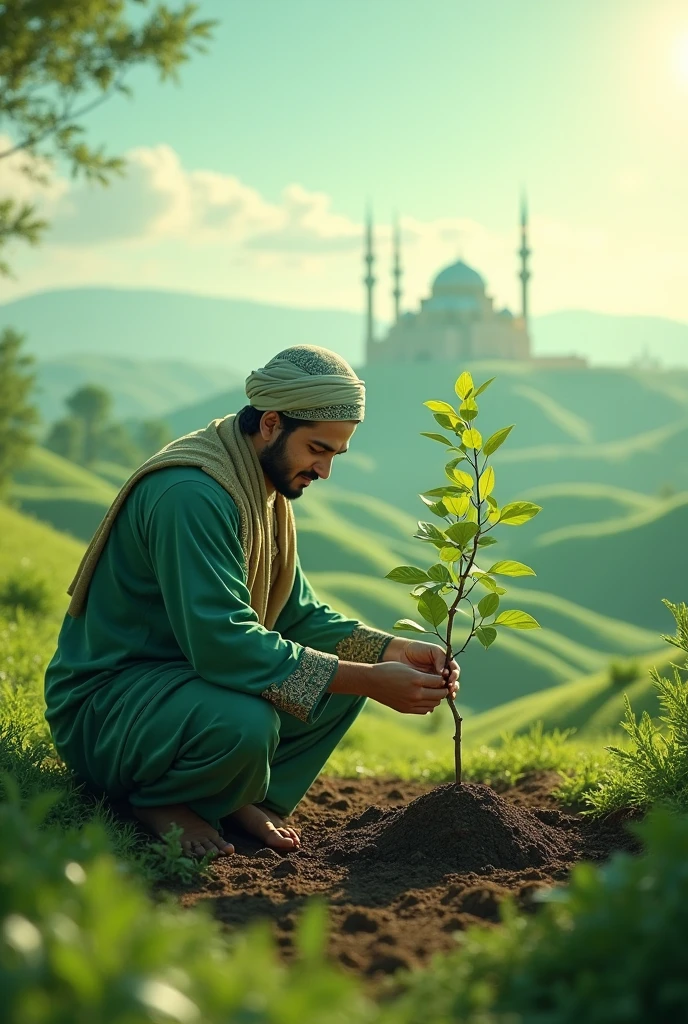 Create an image of a barren field in the foreground, with Solomon carefully planting a small tree in fertile soil. This tree, growing, symbolizes savings, showing that with time and care, it will grow and bear fruit. No fundo, show a skyline with a large prosperous biblical city, representing the future that is built with patience and the wisdom of saving. In contrast, include figures trying to harvest from a barren field, symbolizing haste and lack of planning.