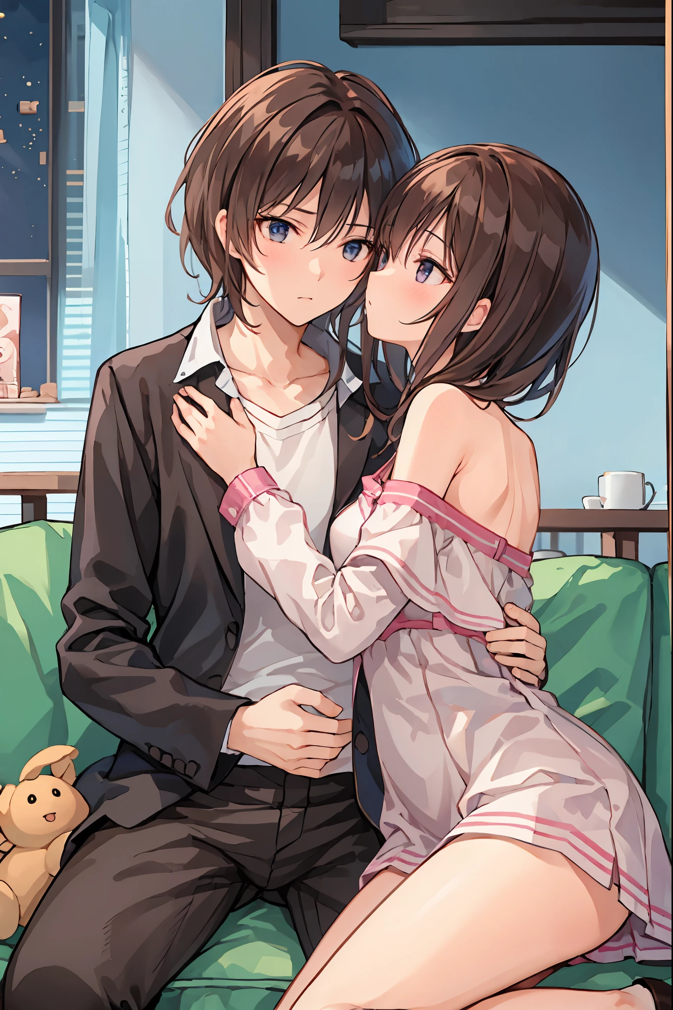 Couple in their 20s、 male1名, woman1名、 maleとwomanの両方のための軽い服装、 Kissing 、Shiny atmosphere、woman(Medium length brown hair )close ~ eye、Sweet Sigh、 male( Short Black Hair 、右手をwomanの頬に当てる)tightly close your eye、 With background(room、Sofa)、Late Night、 dark、Anatomically correct limbs、 Girls Are Slightly Skinny 、 shows underwear