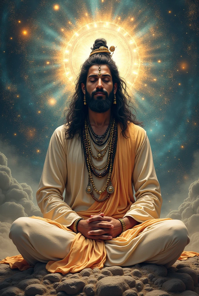 Heavenly Scene of Peace and Divinity**
*A serene and divine atmosphere in the heavens, where Narad Muni is lost in deep meditation.*