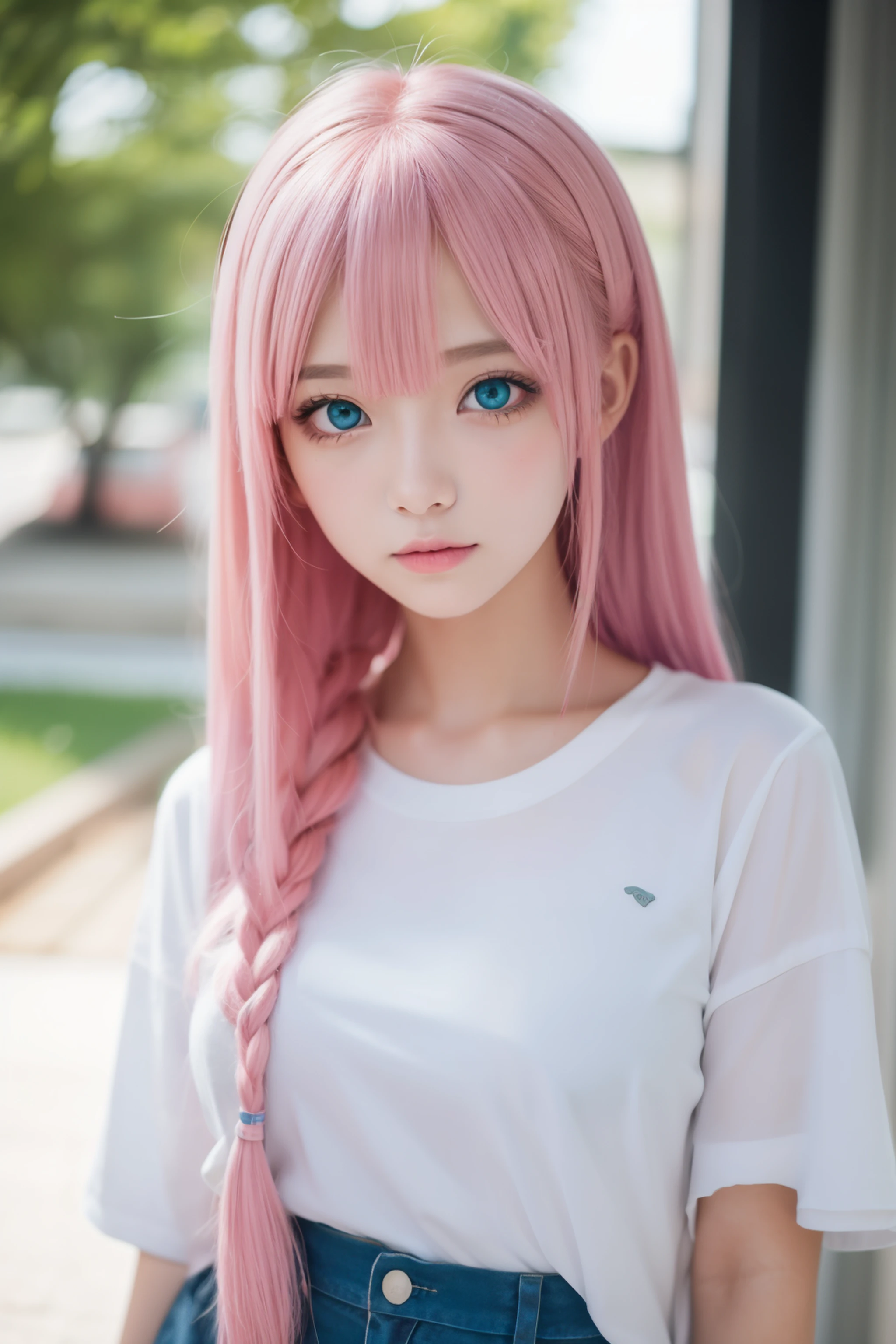 masterpiece, highest quality, a cute girl, blue eyed, pink and long hair, breast, Wearing a t-shirt, gamer, by style of onii kei, dreamy and romantic, light gray and light amber, jagged edges, light teal and light red, timeless beauty, 8k