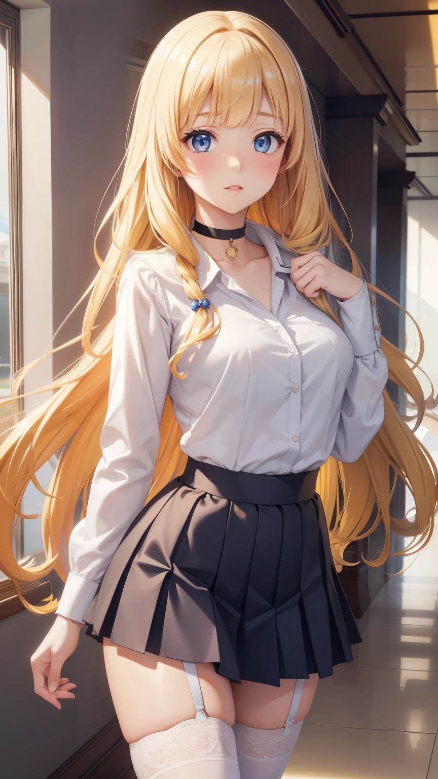 1 girl, latifa fleuranza, long yellow hair, blue eyes, medium breasts, looking at viewer, masterpiece, best quality, high resolution, unity 8k wallpaper, (illustration:0.8), beautiful detailed eyes, extremely detailed face, perfect lighting, extremely detailed CG, glossy lips, blush, school hallway, white button-up school shirt, pleated miniskirt, white thigh highs, choker