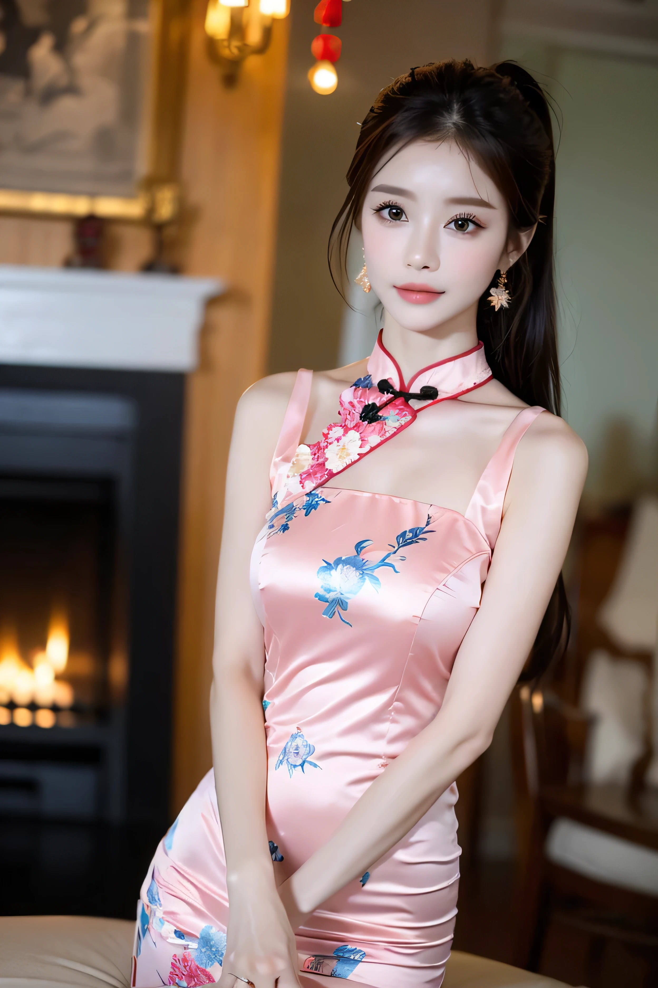 (highest quality、8k、masterpiece、Hmph:1.2)、19-year-old slender beauty，Hands behind the head、Flashy makeup using red eyeshadow，Open your mouth wide、Yōho、double eyelid，Delicate medium cut ponytail，squat、Spread your legs，　Showing white panties,Her white panties are clearly visible、Sexy Chinese dress and silk mini skirt，The best smile，She is wearing a sexy short colorful cheongsam。。，Cheongsam with deep slit，Draw hands correctly，The background is the bright interior of a Chinese restaurant...，