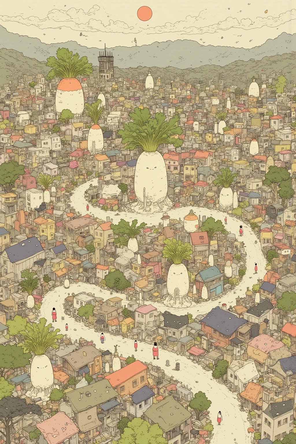 Fairytale Town , View of the winding streets of a city with lots of buildings and houses with daikon motifs, さまざま Fairytale Town , daikon shaped house , radish sprout parasol , Winding Street , from above, from above見た視点, Inspiring Bird's Eye View ,Mr.々 Fairytale Town , Allegorical Design , smooth design sketch , intricate design sketch , retrofuturistic , fusion of design and art ,Unique color tones, design art drone photography, Detailed precision drawing , View of the Daikon City taken with a drone , Top Down Perspective ,Top Down Perspective , Scenery Seen from a Bird's Eye , Crooked Road , city with daikon objects,
