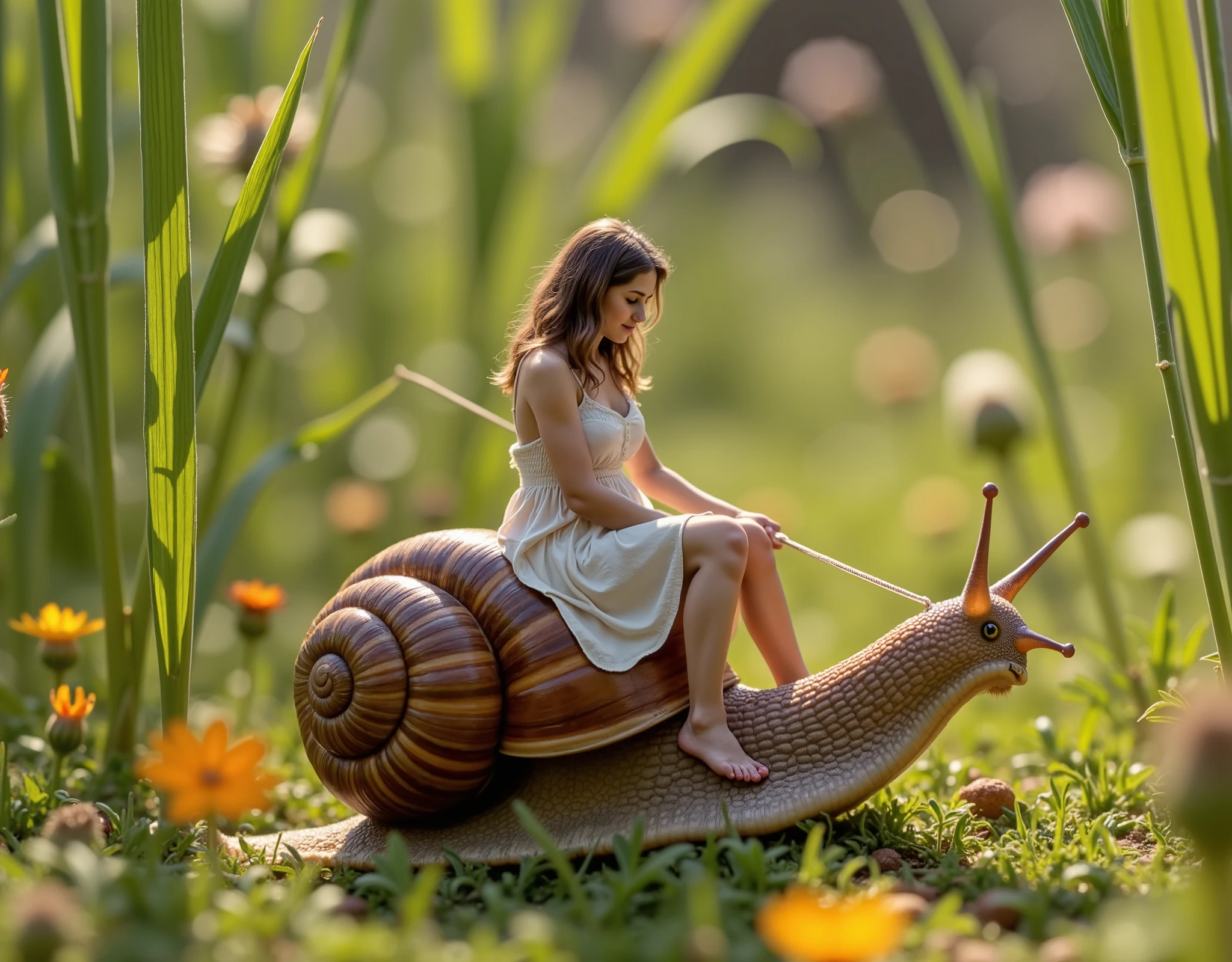 highly detailed closeup, a bright daytime shot of a miniature girl wearing sexy night dress, riding a snail, sunlight glinting off the snails wet, textured shell as it slowly glides across a lush garden. The girl, holding a thread-like harness, sits confidently on the snails back as if embarking on an adventure. Around them, oversized blades of grass and wildflowers tower high, creating the impression of a vast, vibrant landscape. The sunlight filters through the leaves, casting dappled light on the ground and illuminating the snails glossy trail. The girl expression is one of excitement and determination as she rides the snail through this towering natural world, with the scene feeling whimsical and full of wonder, bathed in the warmth of a sunny day