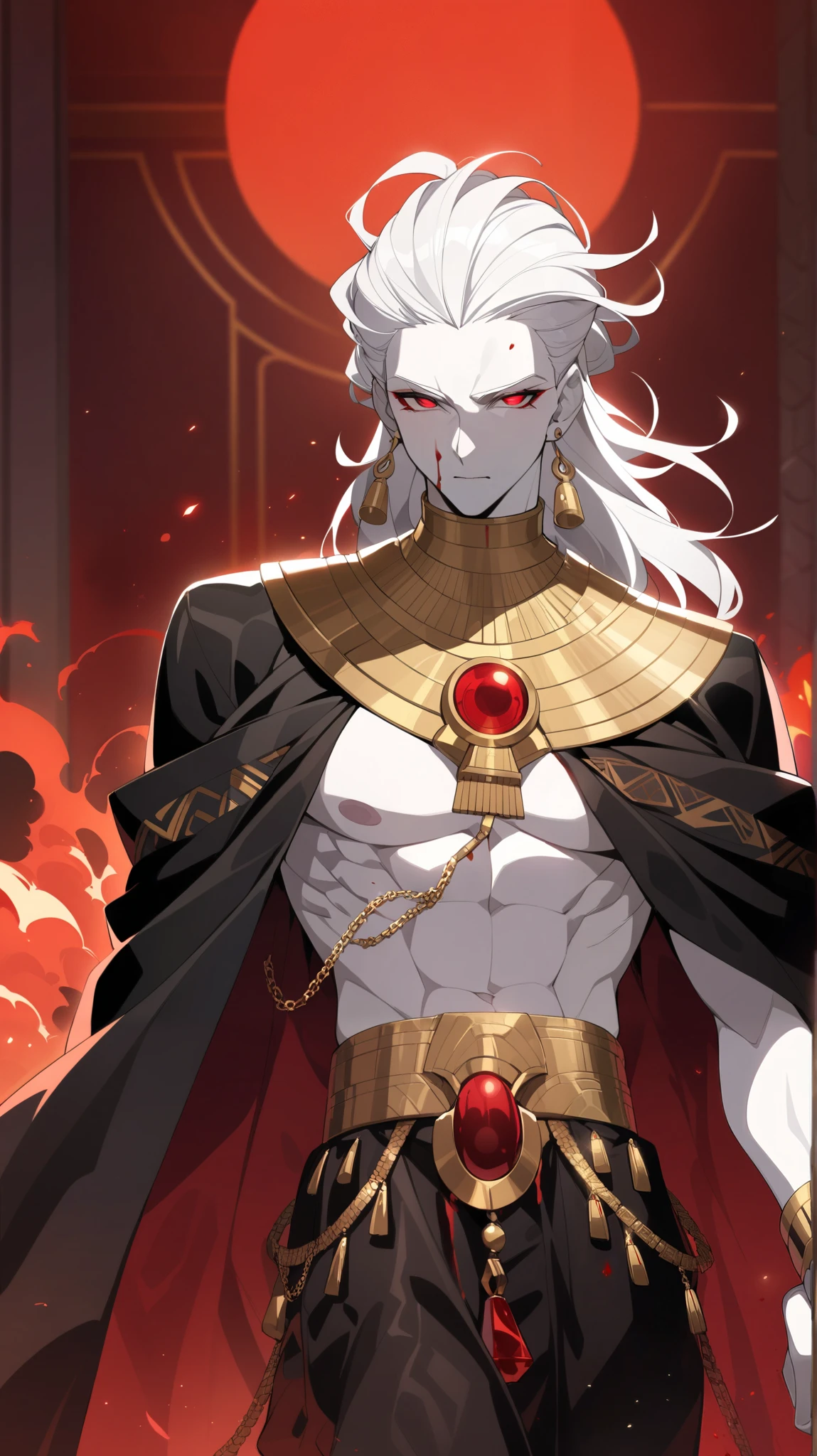 nkt, 1boy, gold,masterpiece, best quality, man with horns on his head, fit male demon with white horns, oni horns, with horns, red skin, towerring above you, (((from below)))