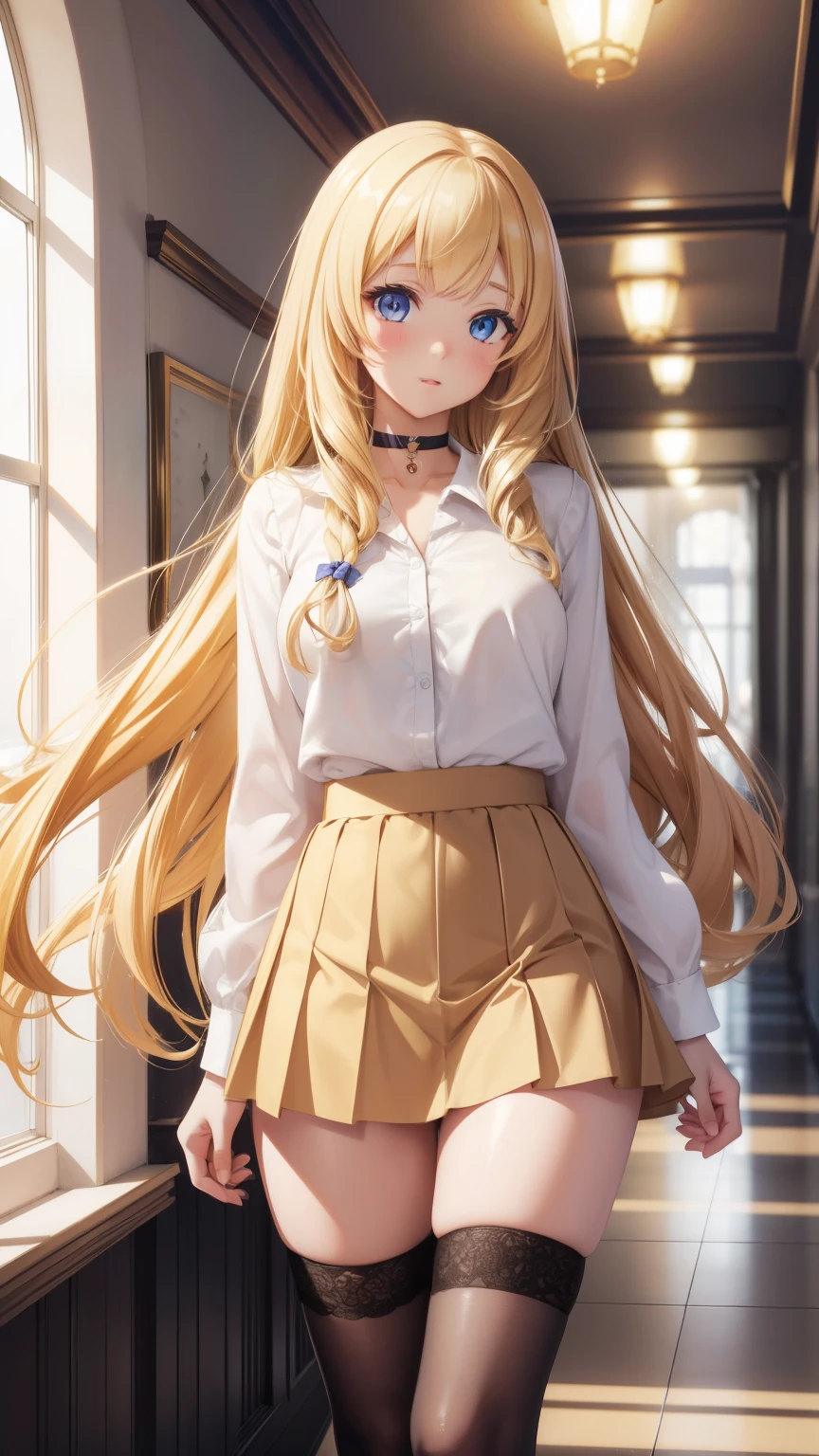 1 girl, latifa fleuranza, long yellow hair, blue eyes, medium breasts, looking at viewer, masterpiece, best quality, high resolution, unity 8k wallpaper, (illustration:0.8), beautiful detailed eyes, extremely detailed face, perfect lighting, extremely detailed CG, glossy lips, blush, school hallway, white button-up school shirt, black pleated miniskirt, white thigh highs, choker, full body