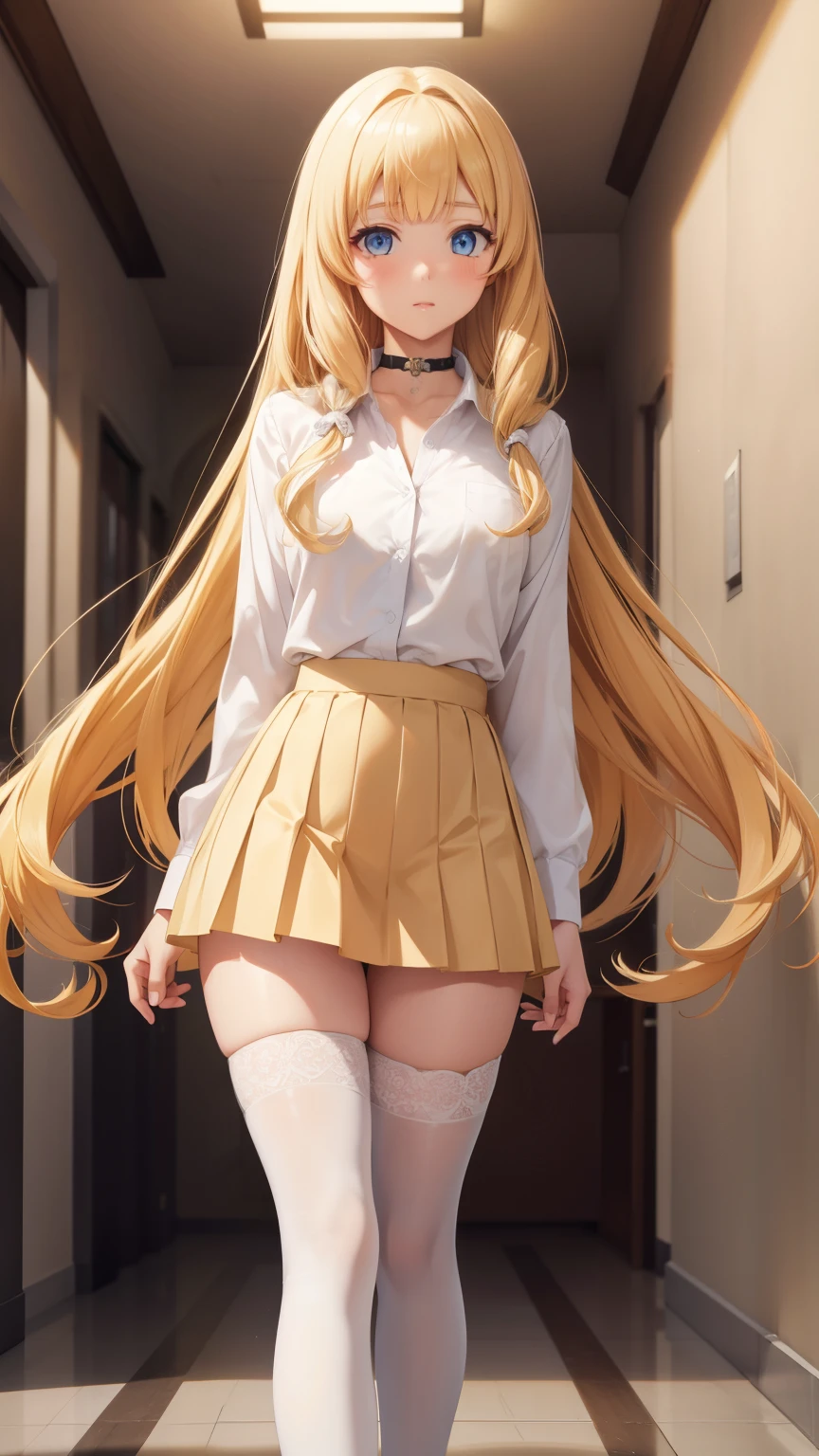 1 girl, latifa fleuranza, long yellow hair, blue eyes, , looking at viewer, masterpiece, best quality, high resolution, unity 8k wallpaper, (illustration:0.8), beautiful detailed eyes, extremely detailed face, perfect lighting, extremely detailed CG, glossy lips, blush, school hallway, white button-up school shirt, black pleated miniskirt, white thigh highs, choker, full body