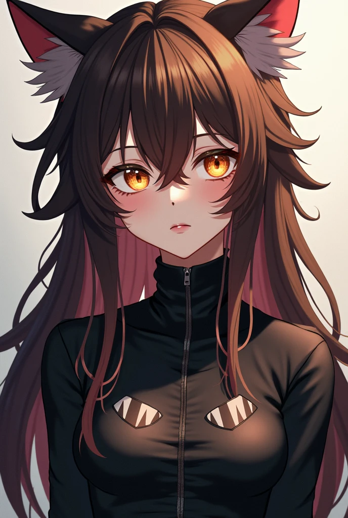 a female anime or game character with cat ears. She has long, dark, reddish brown hair, that flow down the sides of her face. Her eyes are striking and shine in a yellow-golden hue. She wears a black, tight-fitting top with a deep neckline, which is accentuated by white and black lines. The character has a calm, almost emotionless facial expression.