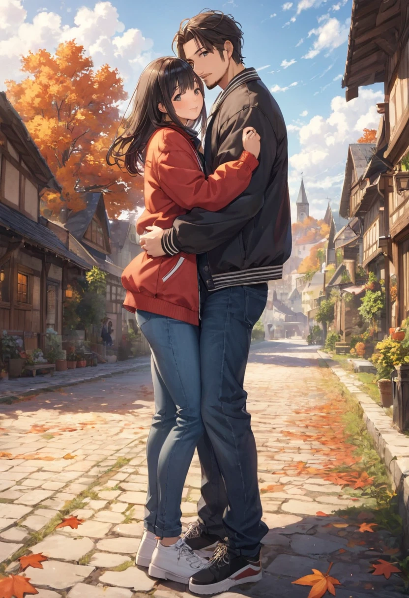 Create a scene of a cloudy autumn day in which a Caucasian man and an Asian woman is standing and hugging. The muscular Caucasian man in his thirties with short coiffed hair, neatly groomed beard, and he is dressed in a letterman jacket and jeans, while his beautiful Asian girlfriend in her twenties with black eyes is wearing a wool sweater. Her silky long black hair is flowing in the breeze. The touch of blush shows their happiness and strengthens this romantic scene of warmth, love and carefree joy. The background features a quiet medieval town while its autumn leaves creating a cozy atmosphere. height difference couple, ((international couple)), couple shot, blush, (wide view), (looking at viewer), from below, ((full body)), lovers, soft natural lights, highly detailed, very fine, add_detail:1, add_detail:0, add_detail:0.5