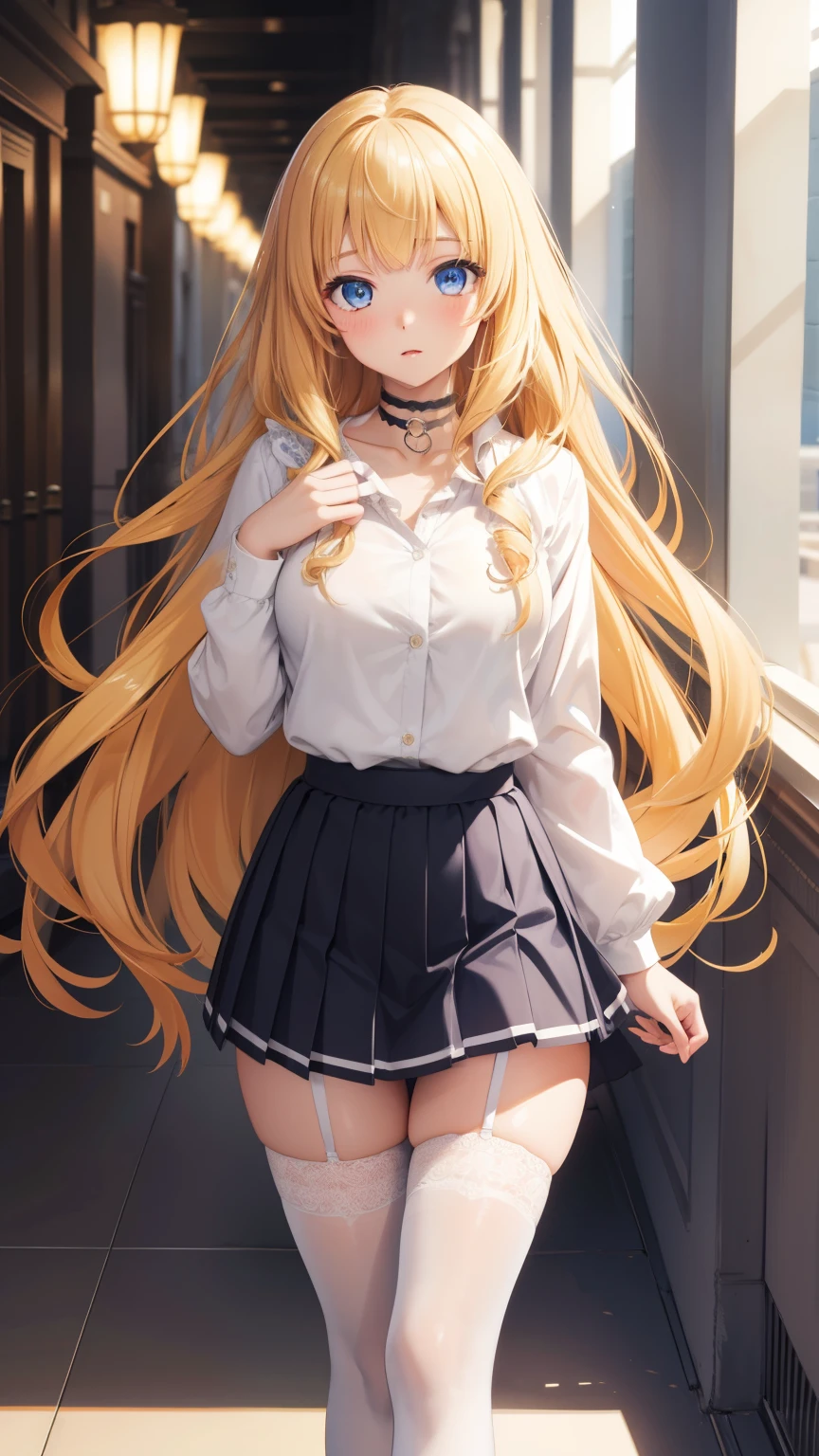 1 girl, latifa fleuranza, long yellow hair, blue eyes, medium breasts, looking at viewer, masterpiece, best quality, high resolution, unity 8k wallpaper, (illustration:0.8), beautiful detailed eyes, extremely detailed face, perfect lighting, extremely detailed CG, glossy lips, blush, school hallway, white button-up school shirt, black pleated miniskirt, white thigh highs, choker, full body