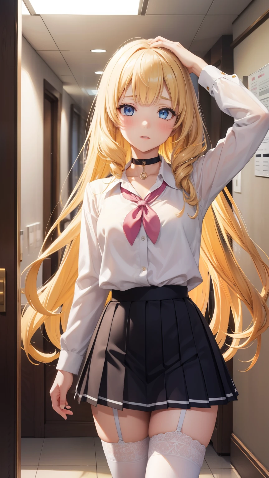 1 girl, latifa fleuranza, long yellow hair, blue eyes, medium breasts, looking at viewer, masterpiece, best quality, high resolution, unity 8k wallpaper, (illustration:0.8), beautiful detailed eyes, extremely detailed face, perfect lighting, extremely detailed CG, glossy lips, blush, school hallway, white button-up school shirt, black pleated miniskirt, white thigh highs, choker, full body