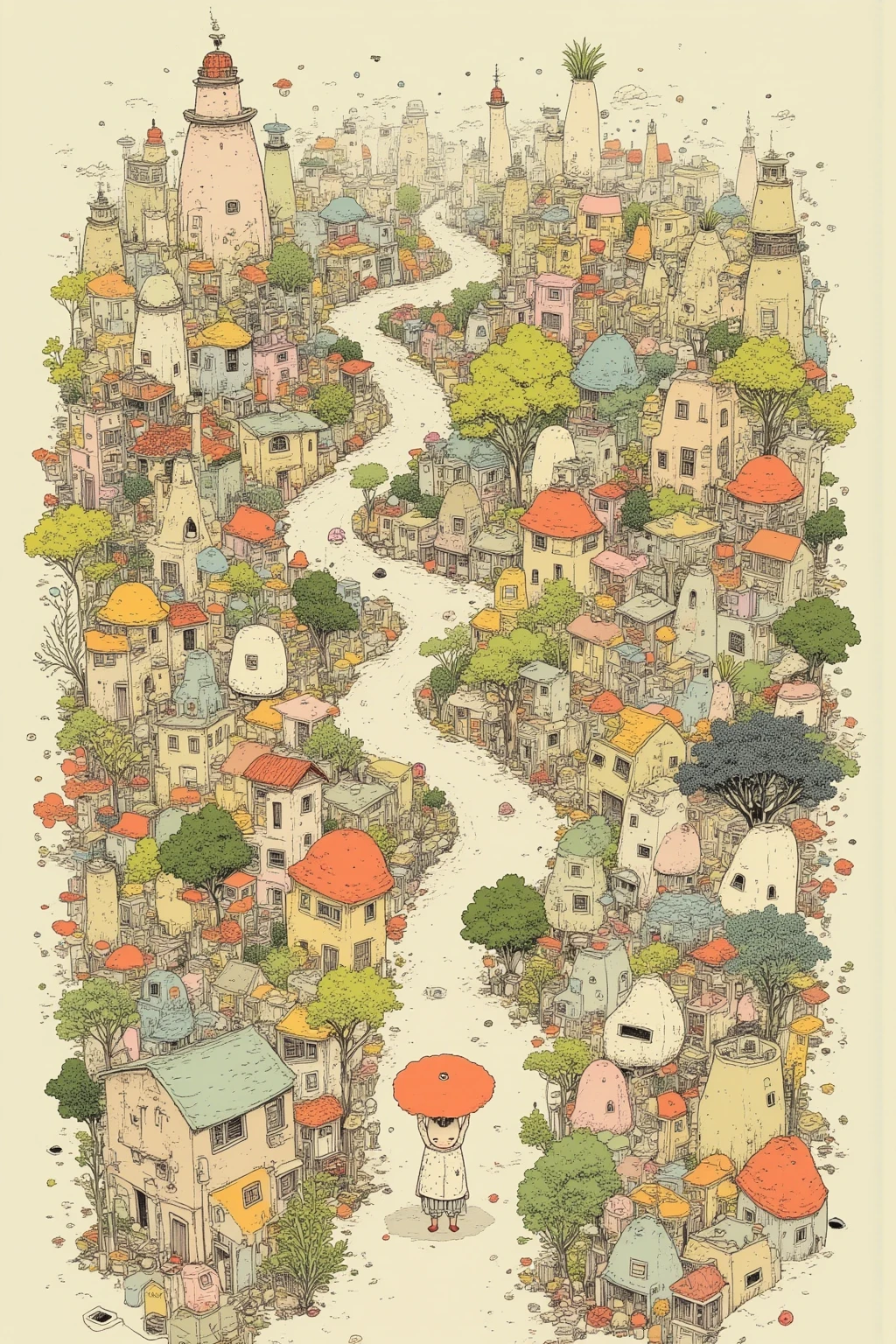 Fairytale Town , View of the winding streets of a city with lots of buildings and houses with daikon motifs, さまざま Fairytale Town , daikon shaped house , radish sprout parasol , Winding Street , from above, from above見た視点, Inspiring Bird's Eye View ,Mr.々 Fairytale Town , Allegorical Design , smooth design sketch , intricate design sketch , retrofuturistic , fusion of design and art ,Unique color tones, design art drone photography, Detailed precision drawing , View of the Daikon City taken with a drone , Top Down Perspective ,Top Down Perspective , Scenery Seen from a Bird's Eye , Crooked Road , city with daikon objects,