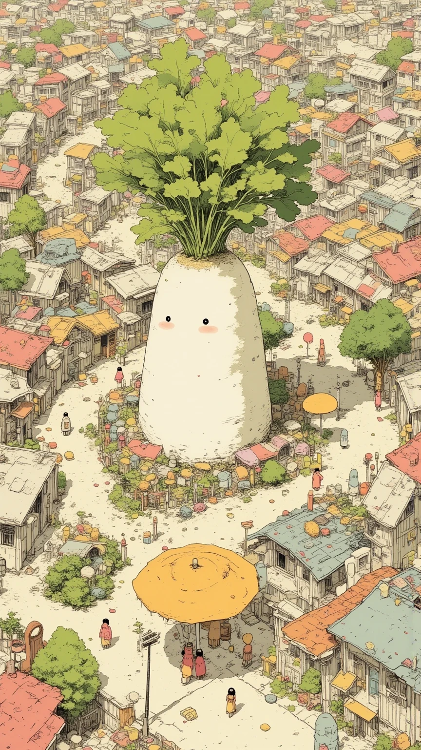Fairytale Town , View of the winding streets of a city with lots of buildings and houses with daikon motifs, さまざま Fairytale Town , daikon shaped house , radish sprout parasol , Winding Street , from above, from above見た視点, Inspiring Bird's Eye View ,Mr.々 Fairytale Town , Allegorical Design , smooth design sketch , intricate design sketch , retrofuturistic , fusion of design and art ,Unique color tones, design art drone photography, Detailed precision drawing , View of the Daikon City taken with a drone , Top Down Perspective ,Top Down Perspective , Scenery Seen from a Bird's Eye , Crooked Road , city with daikon objects,