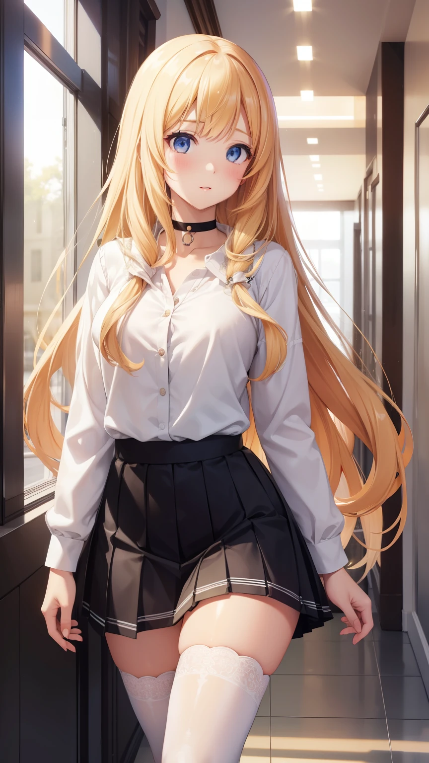 1 girl, latifa fleuranza, long yellow hair, blue eyes, medium breasts, looking at viewer, masterpiece, best quality, high resolution, unity 8k wallpaper, (illustration:0.8), beautiful detailed eyes, extremely detailed face, perfect lighting, extremely detailed CG, glossy lips, blush, school hallway, white button-up school shirt, black pleated miniskirt, white thigh highs, choker, full body