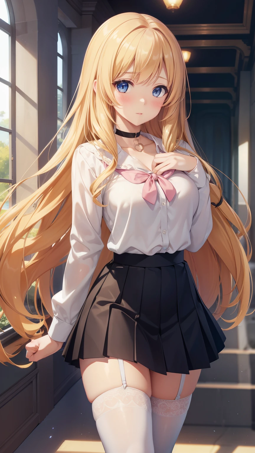 1 girl, latifa fleuranza, long yellow hair, blue eyes, medium breasts, looking at viewer, masterpiece, best quality, high resolution, unity 8k wallpaper, (illustration:0.8), beautiful detailed eyes, extremely detailed face, perfect lighting, extremely detailed CG, glossy lips, blush, school hallway, white button-up school shirt, black pleated miniskirt, white thigh highs, choker, full body