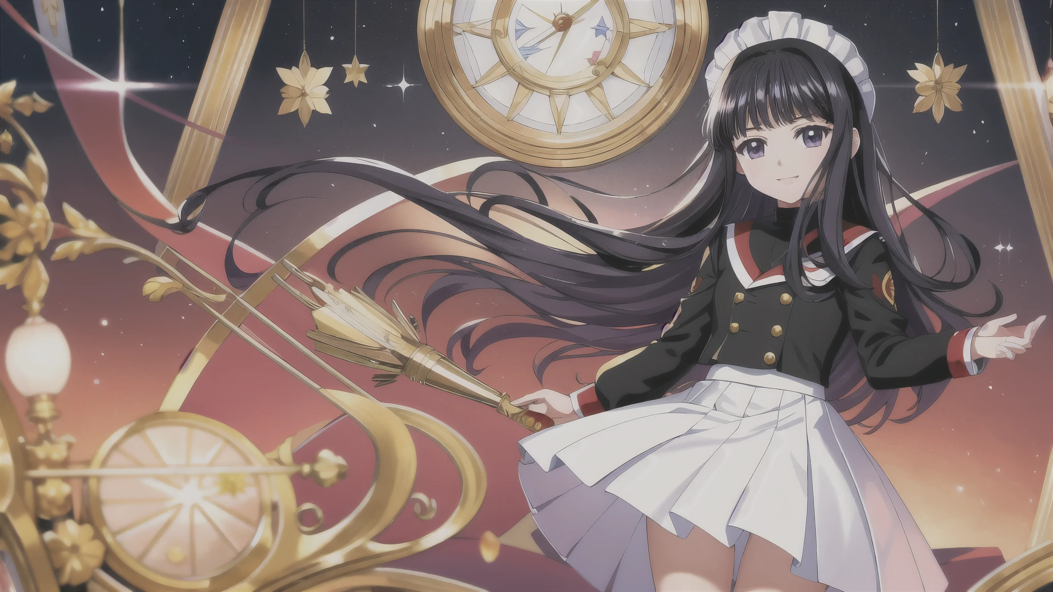 ( Masterpiece), ( top quality), ( complicated details), ( Illustration of ), ( is ridiculous), (Ecstatic),
detailed, (poster Illustration of ),
Tomoyo, Tomoyo-e, (Clamp:1.4), Daidouji Tomoyo ,
One person8 girl, Alone, smile, file, long hair, above Decorati has , White headdress, black hair, purple eyes, blunt bangs,
( skinny fit), ( Watch Viewers ), (), ( full body), Very Exquisite Face ,
( Detailed Biography:1.2),
beautiful legs, detailed body, detail hand , ( super precision ), sharp, ( Hi-Res), ( high detail:1.2), detaileded, Soft Lighting , beautiful detailed glow,